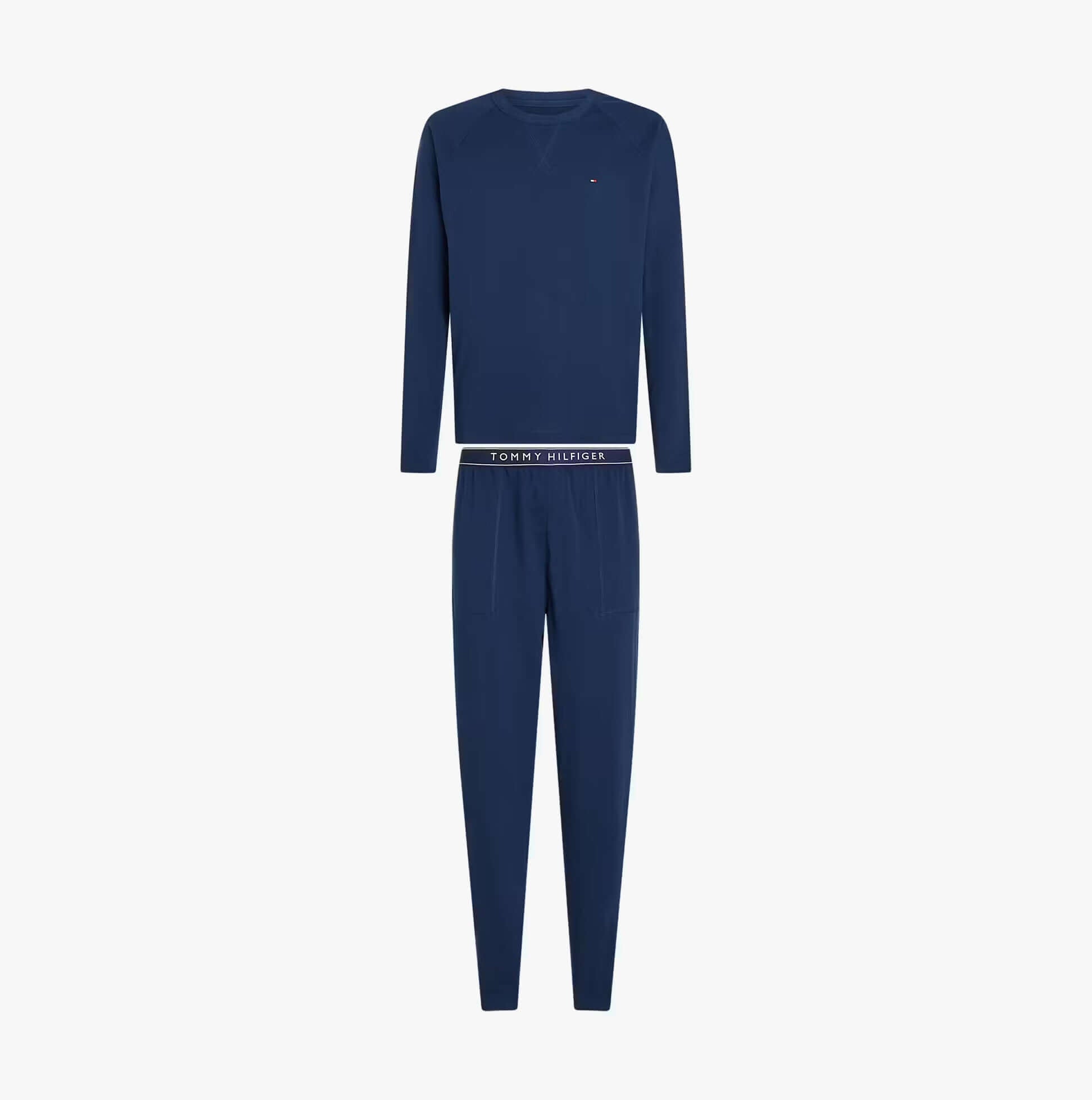 Tommy Hilfiger JERSEY PJ SET CUF Mens Set Navy front view showing long sleeve top and pants.