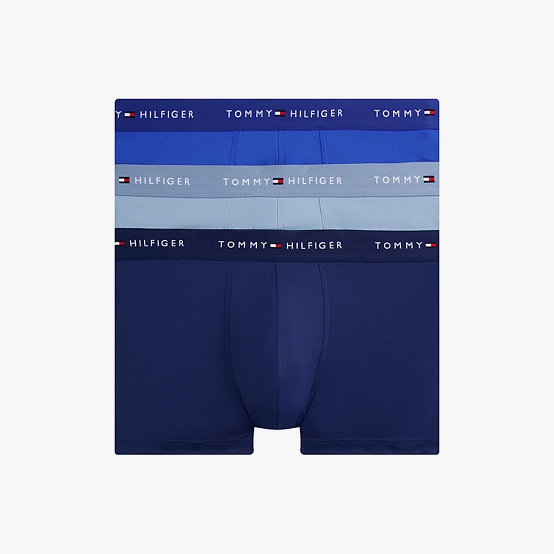Tommy Hilfiger 3-Pack Signature Mens Microfibre Trunks Multicoloured front view displaying blue and navy trunks with logo bands.