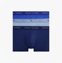Tommy Hilfiger 3-Pack Signature Mens Microfibre Trunks Multicoloured front view displaying blue and navy trunks with logo bands.