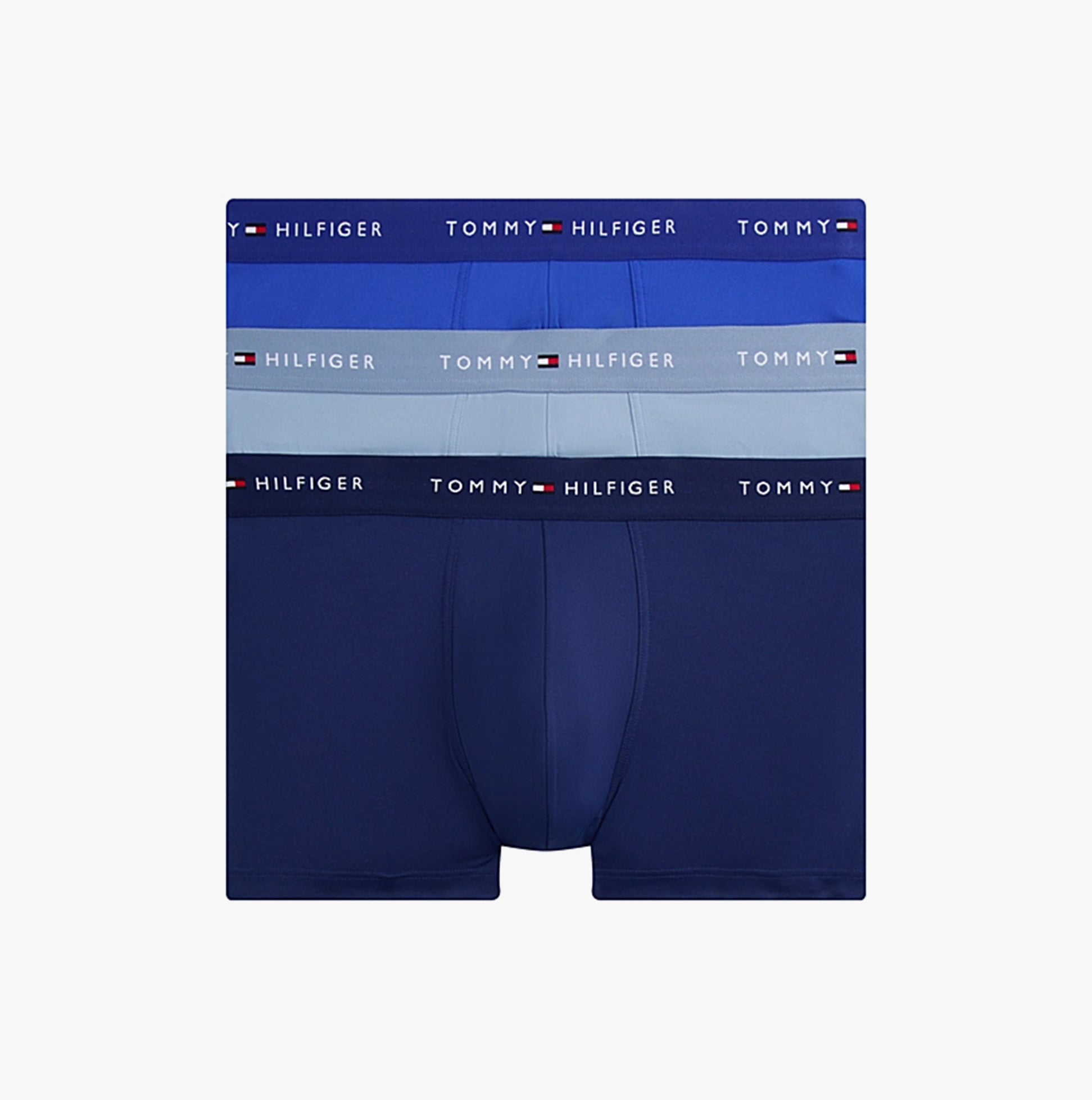 Tommy Hilfiger 3-Pack Signature Mens Microfibre Trunks Multicoloured front view displaying blue and navy trunks with logo bands.