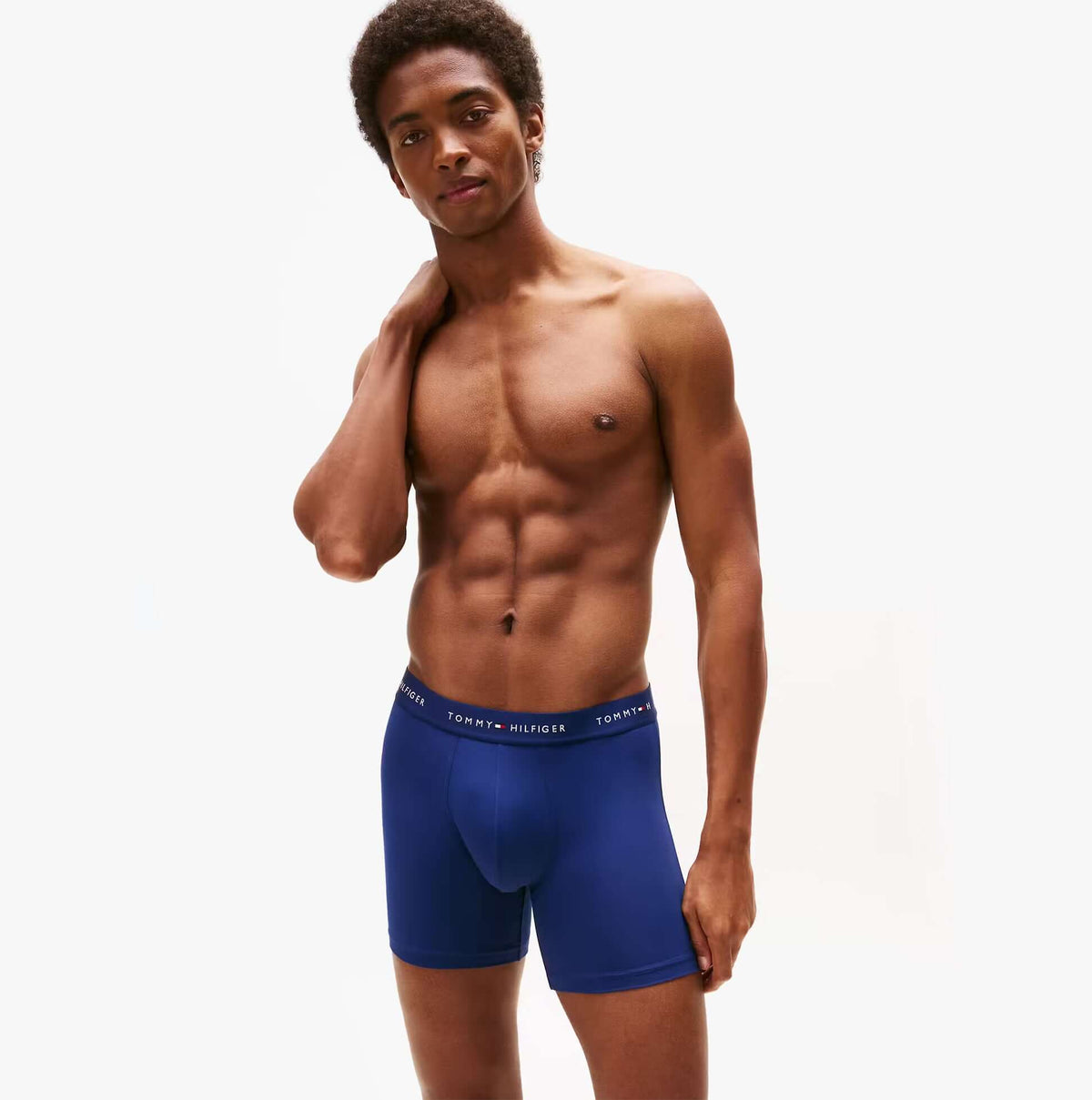 Tommy Hilfiger Mens Signature Microfibre 3 Pack Boxer Briefs Blue Multi front view on model wearing blue boxer briefs.