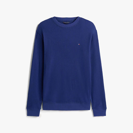 Tommy Hilfiger LS WAFFLE TOP Mens Loungewear Preppy Navy front view showcasing long sleeves and 100% cotton fabric.