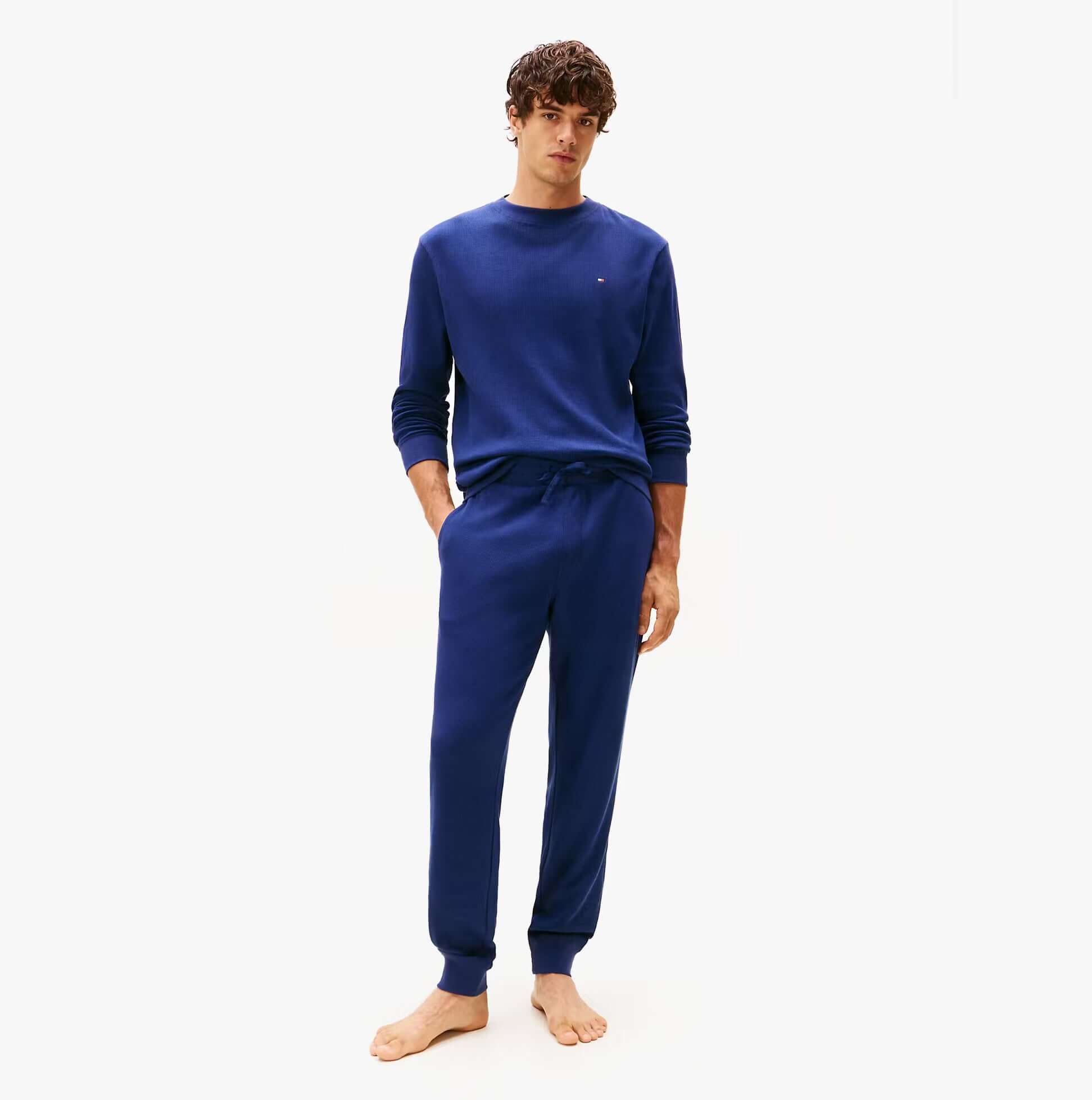 Tommy Hilfiger LS WAFFLE TOP Mens Loungewear Preppy Navy front view on model standing barefoot