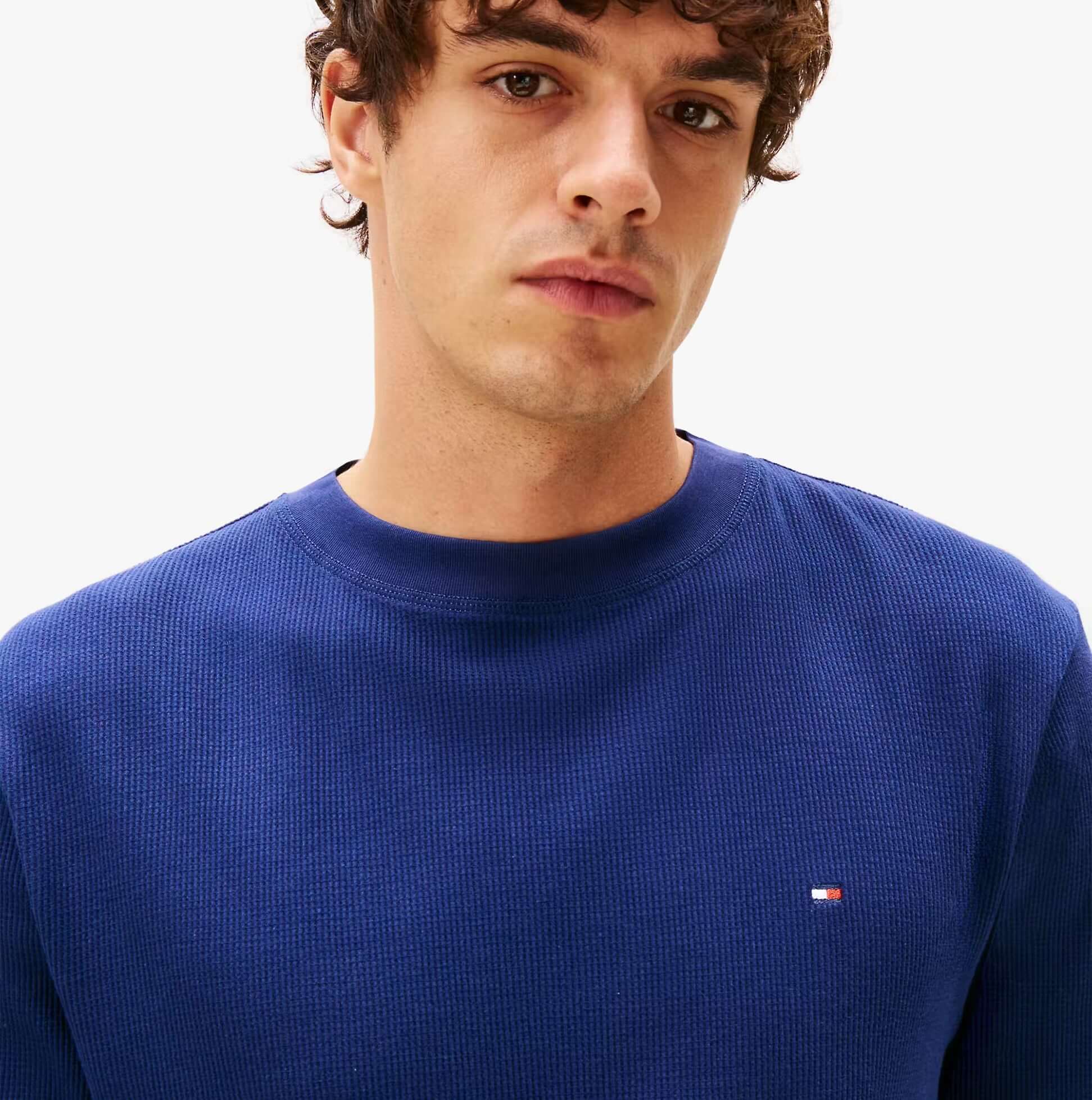 Tommy Hilfiger LS WAFFLE TOP Mens Loungewear Preppy Navy, front view, showcasing cotton fabric and logo detail.