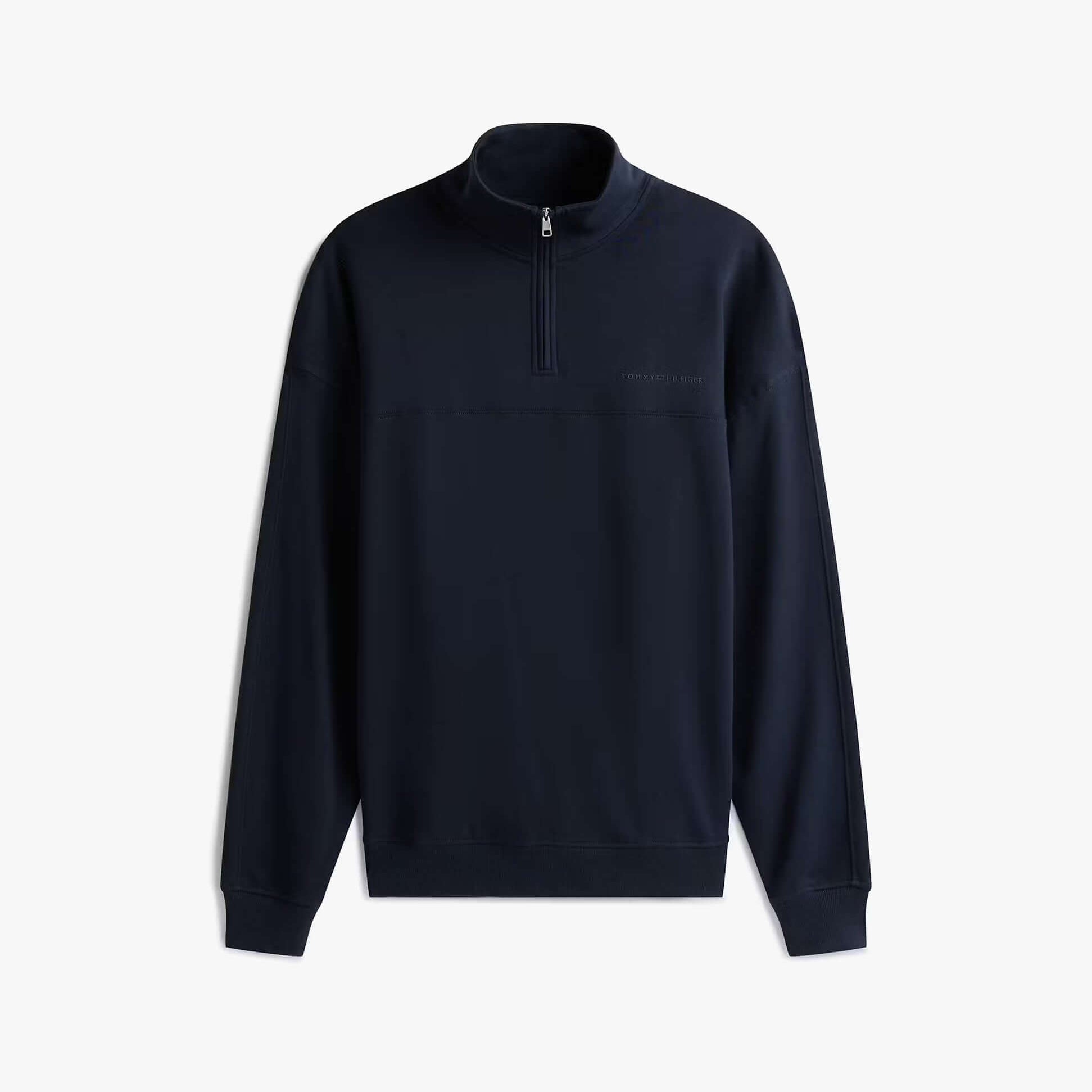 Tommy Hilfiger HALF ZIP Mens Sweatshirts Desert Sky, front view, navy color, regular fit, stylish design.