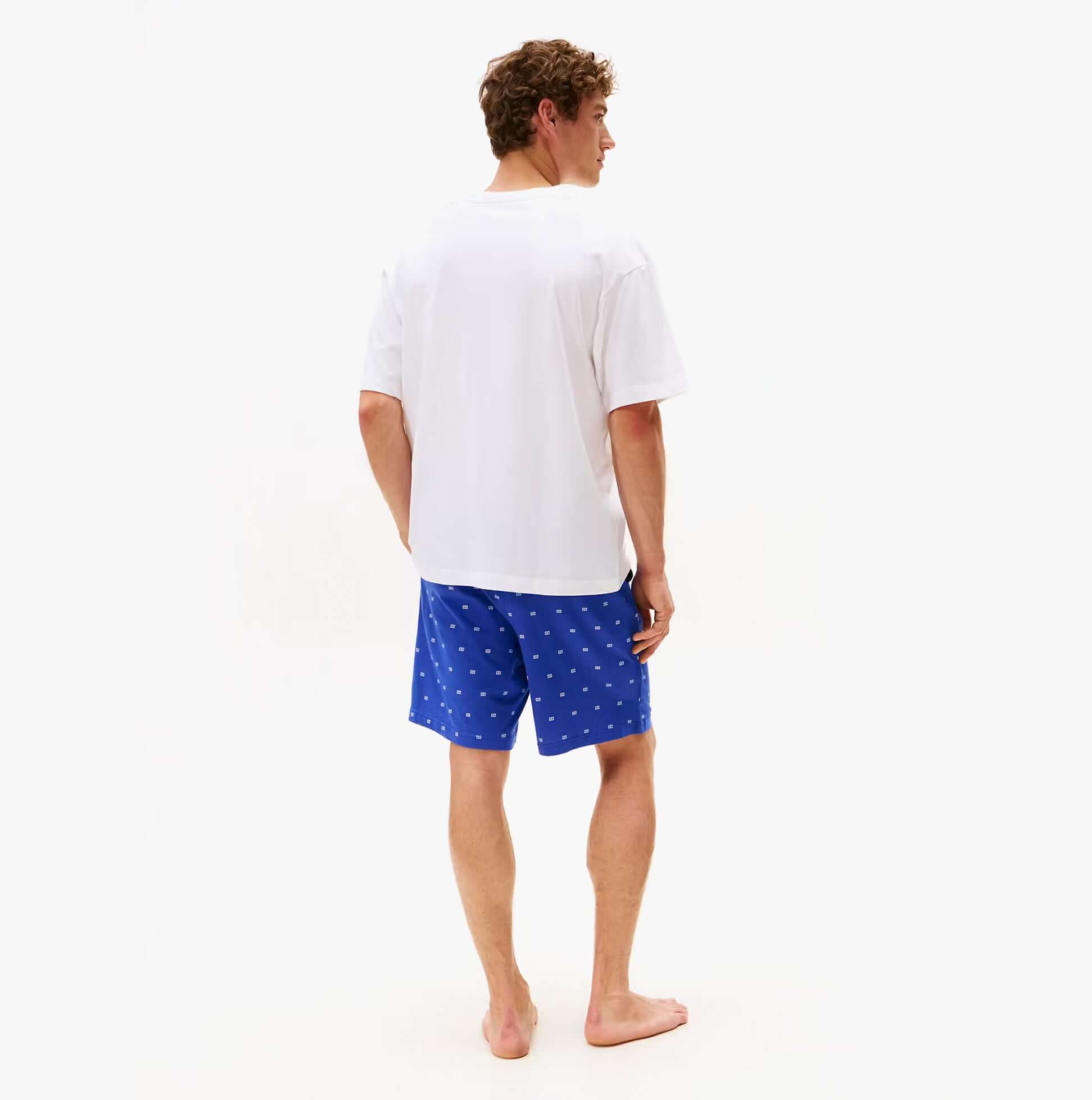 Tommy Hilfiger SS JERSEY PJ SET Mens Pyjama Set Multicoloured back view with short sleeves and blue printed shorts.