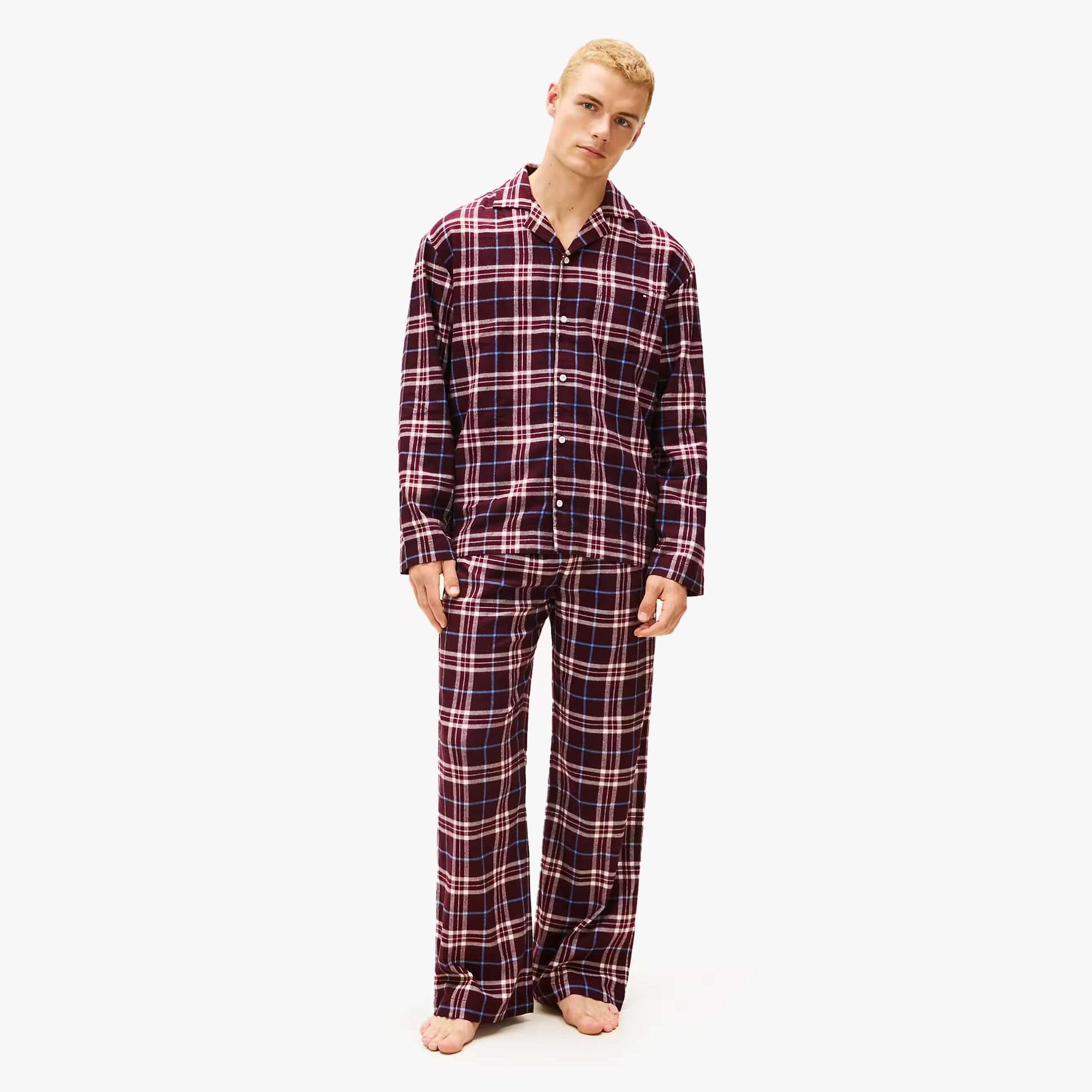 Tommy Hilfiger RELAXED FLANNEL PJ Mens Set Tartan Reiker Burgundy front view model wearing pajamas.