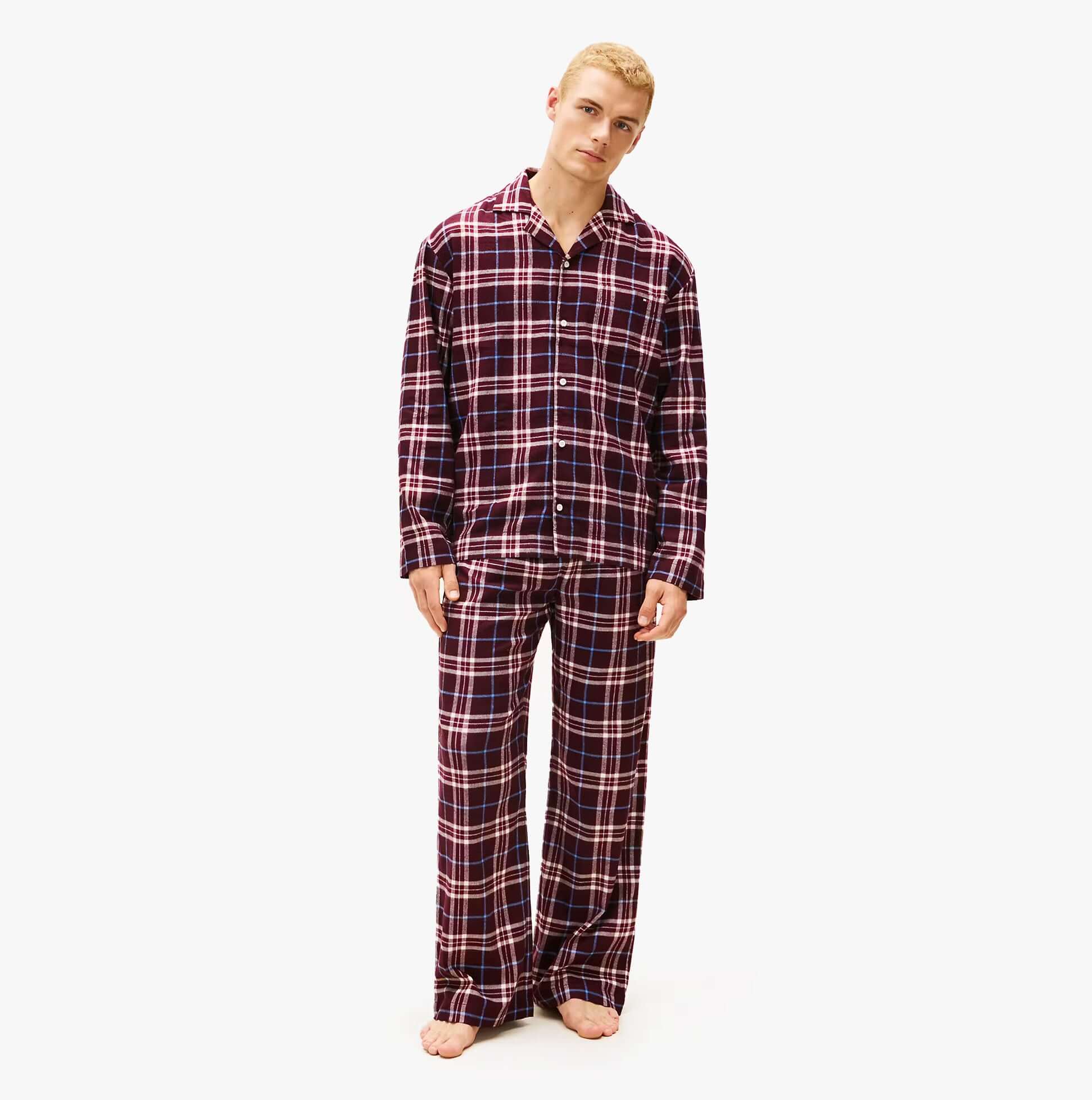 Tommy Hilfiger RELAXED FLANNEL PJ Mens Set Tartan Reiker Burgundy front view model wearing pajamas.