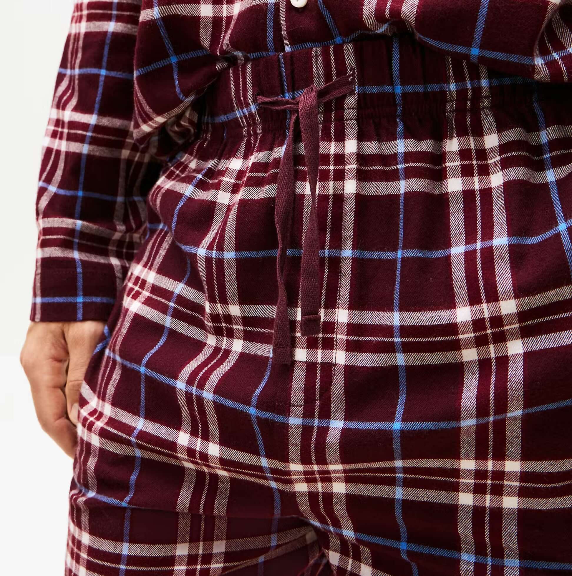 Tommy Hilfiger RELAXED FLANNEL PJ Mens Set Tartan Reiker Burgundy close-up view of fabric and waistband details.