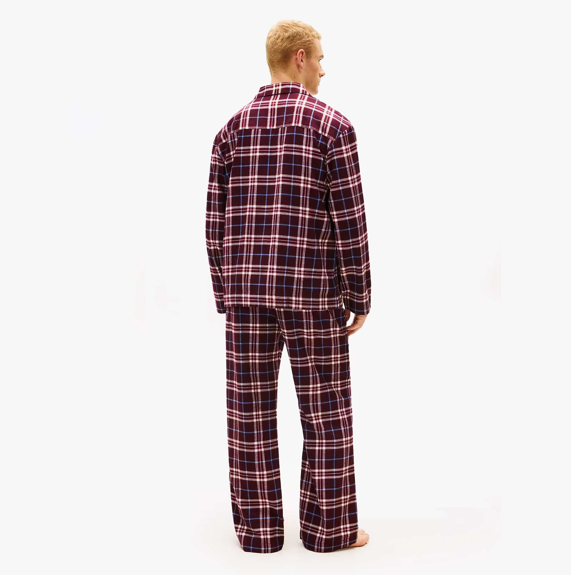 Tommy Hilfiger RELAXED FLANNEL PJ Mens Set Tartan Reiker Burgundy back view showcasing the plaid pattern and relaxed fit.