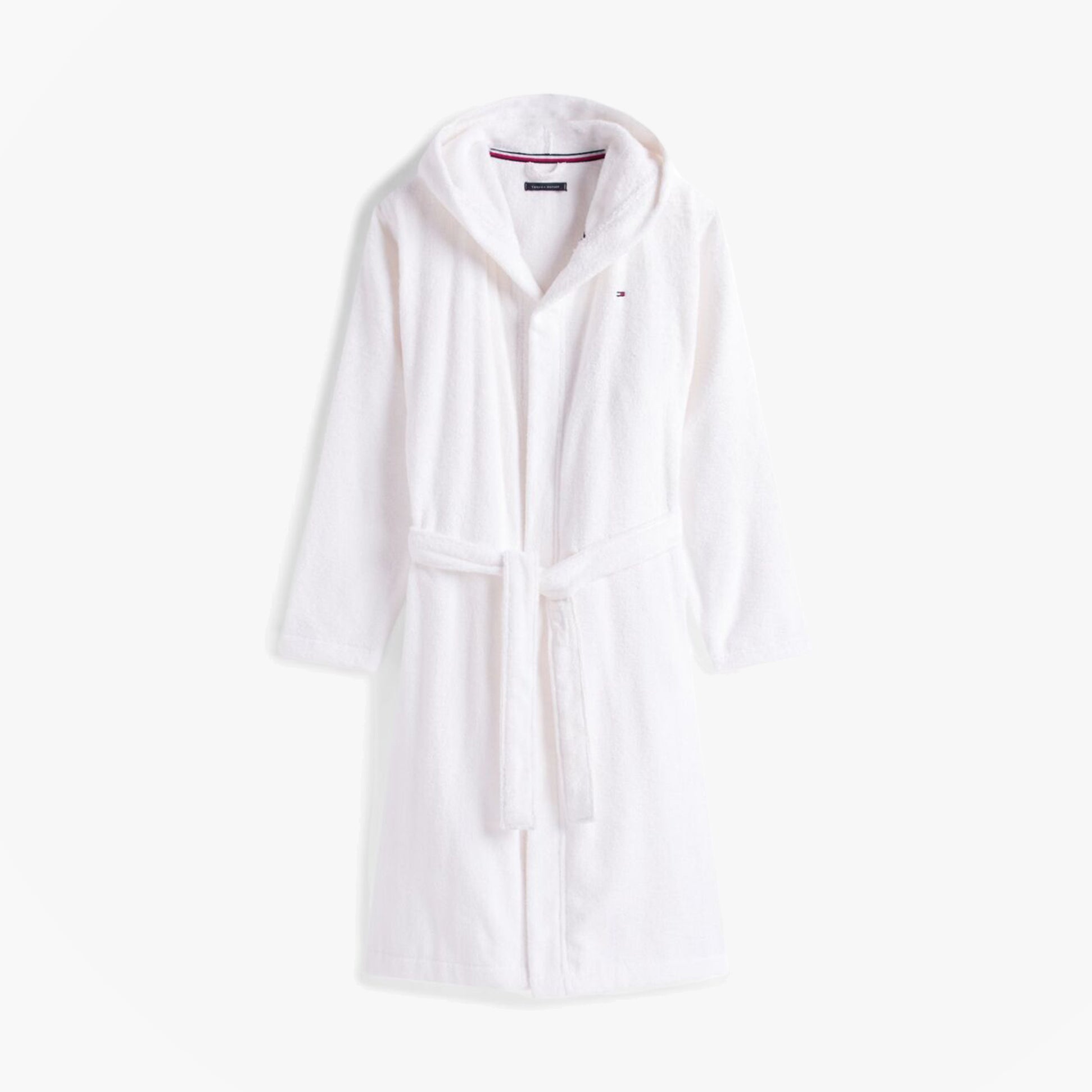 Tommy Hilfiger HOODED TOWELLING ROBE Mens Optic White front view, 100% cotton, long sleeves, relaxed fit.
