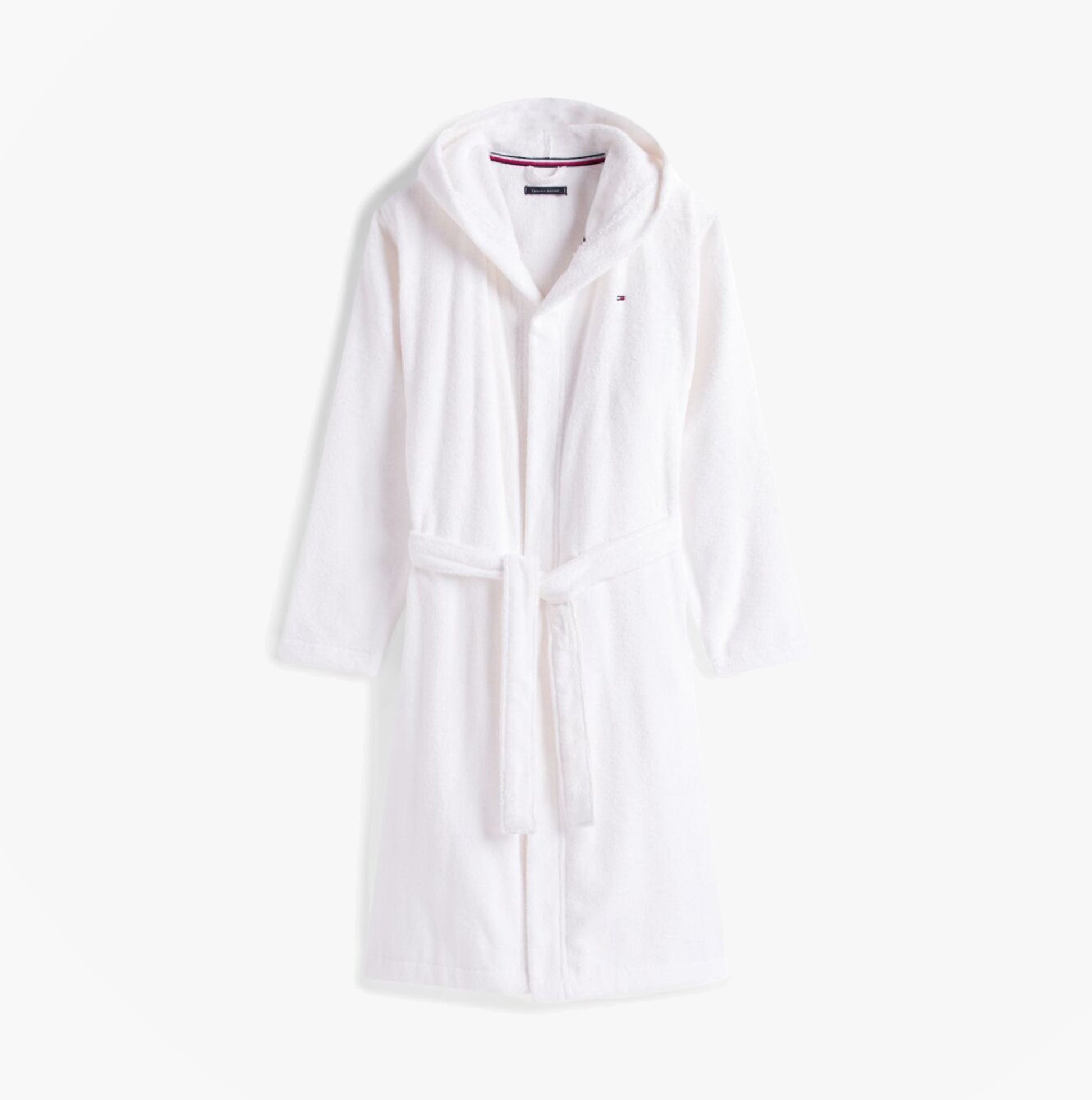 Tommy Hilfiger HOODED TOWELLING ROBE Mens Optic White front view, 100% cotton, long sleeves, relaxed fit.