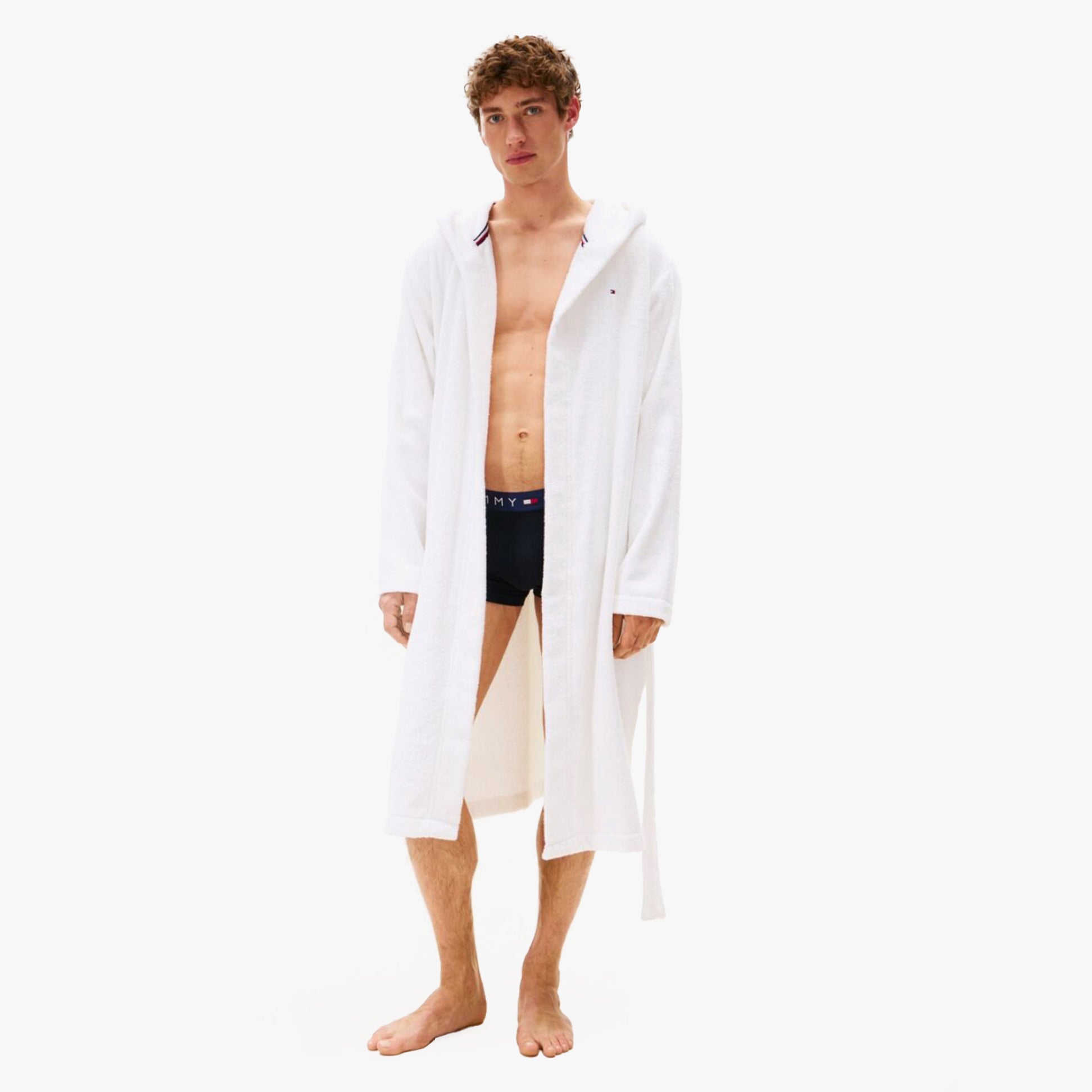 Tommy Hilfiger HOODED TOWELLING ROBE Mens Optic White front view featuring a relaxed fit and long sleeves.