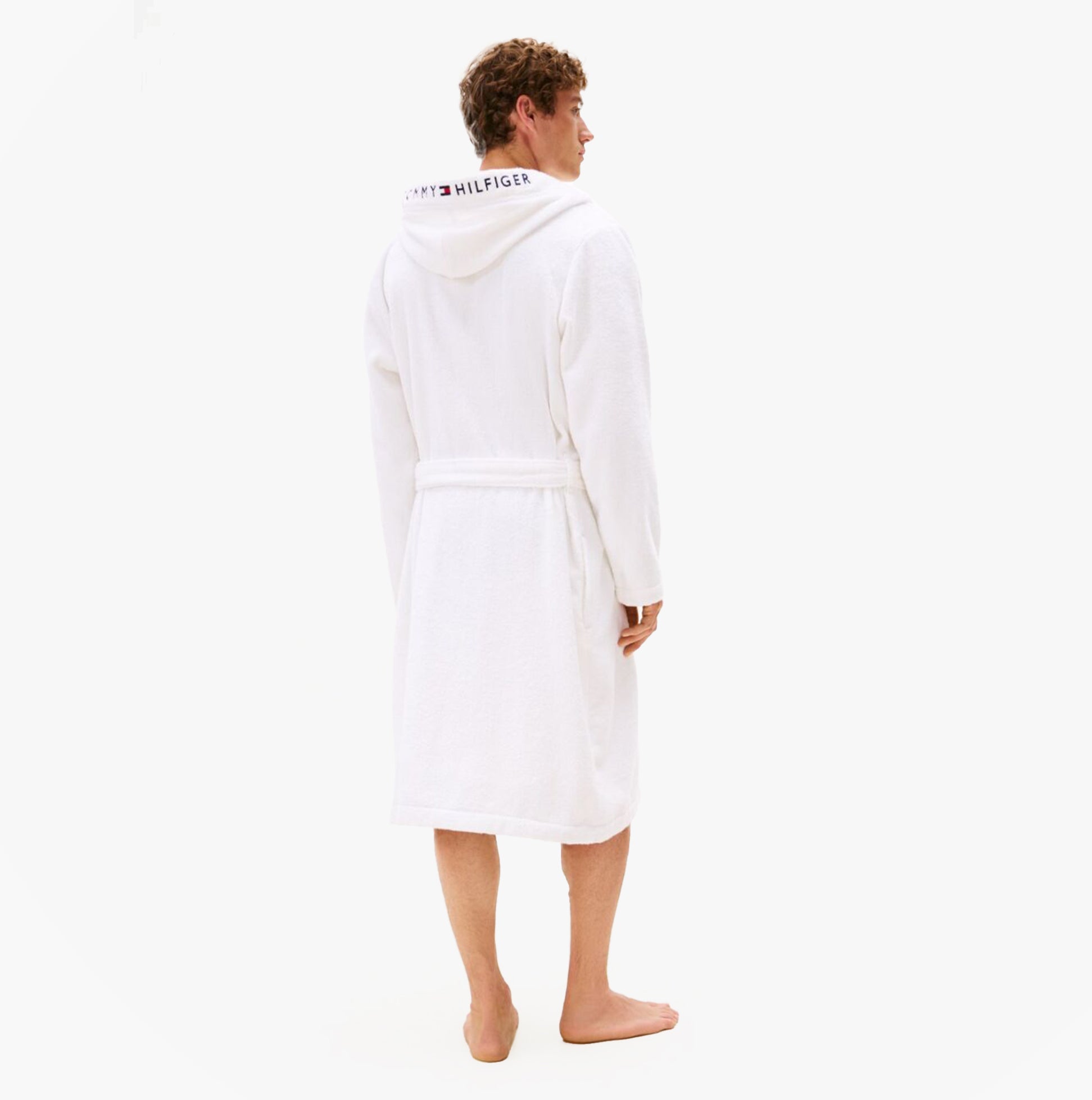 Tommy Hilfiger HOODED TOWELLING ROBE Mens Optic White back view with hood and tie, showcasing relaxed fit and cotton material.