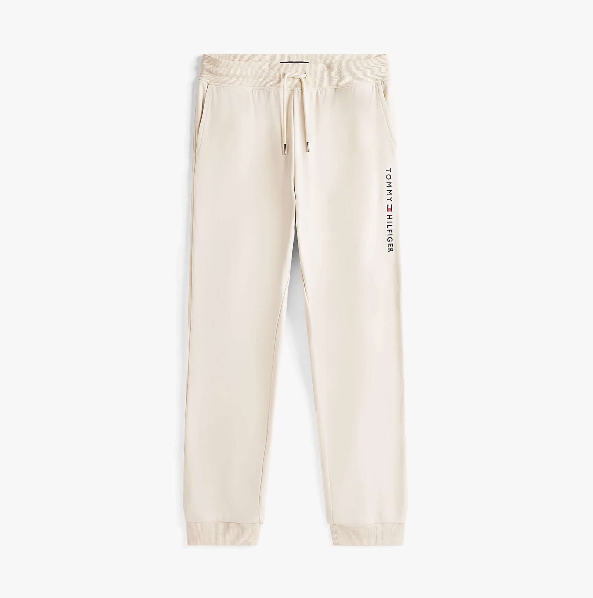 Tommy Hilfiger TH Original Mens Logo Lounge Joggers Off White Newsprint front view with logo detail.