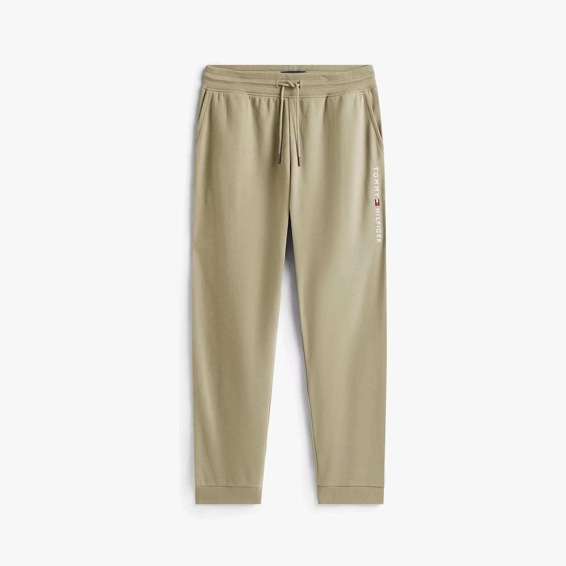 Tommy Hilfiger TH Original Mens Logo Lounge Joggers Utility Sage front view showing soft fabric and logo detail.