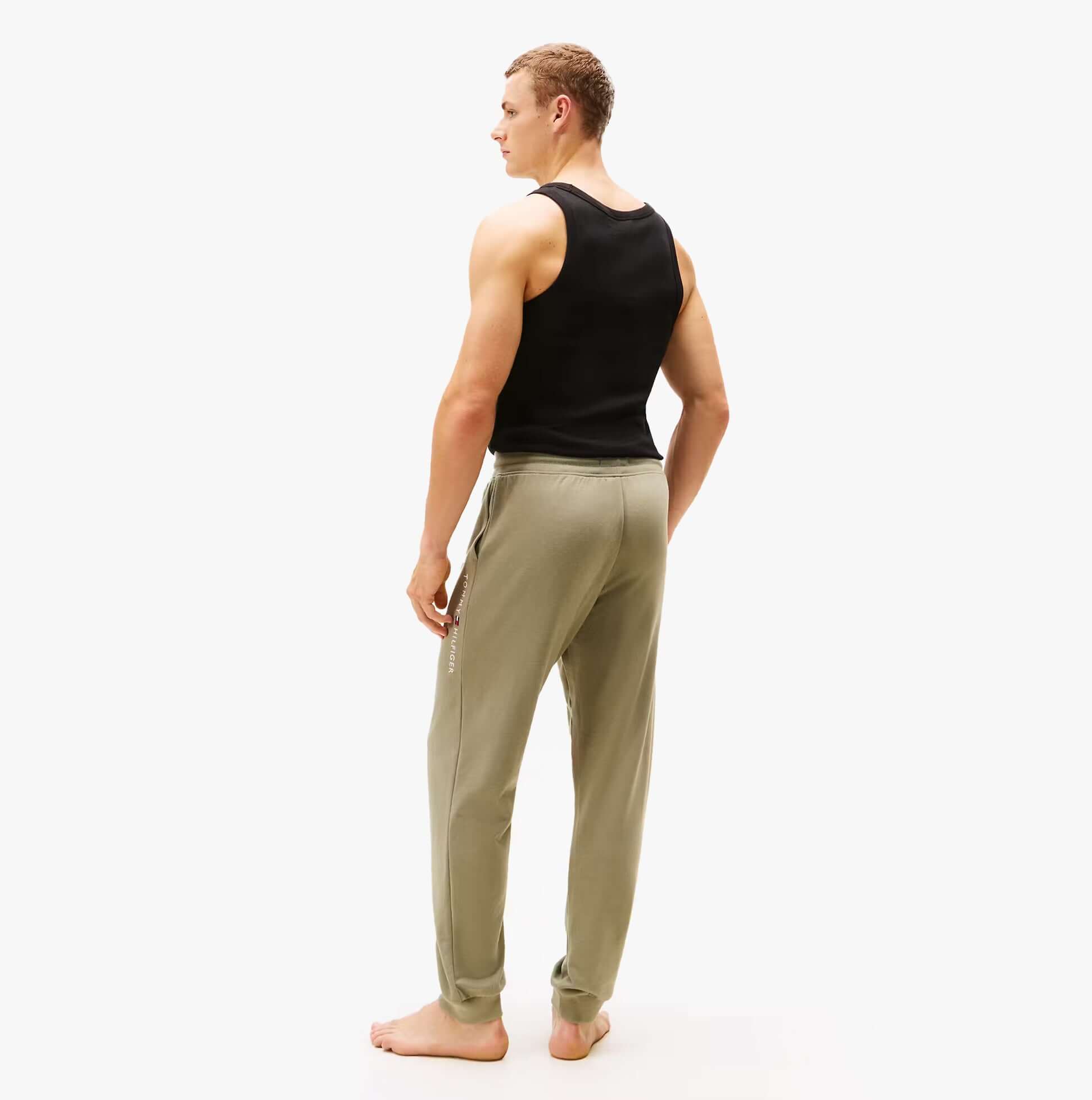 Tommy Hilfiger TH Original Mens Logo Lounge Joggers Utility Sage back view with black tank top