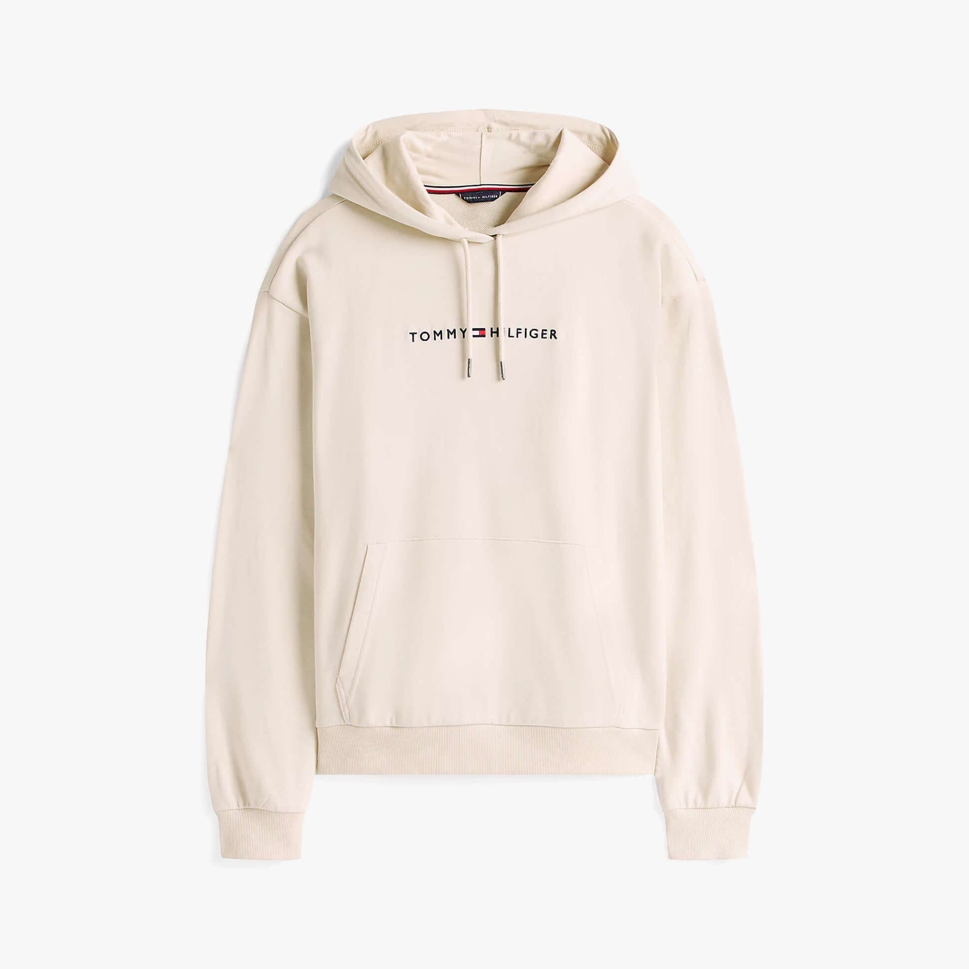 Tommy Hilfiger HOODIE Mens Drawstring Lounge Hoody Off White front view showing logo and hood details.
