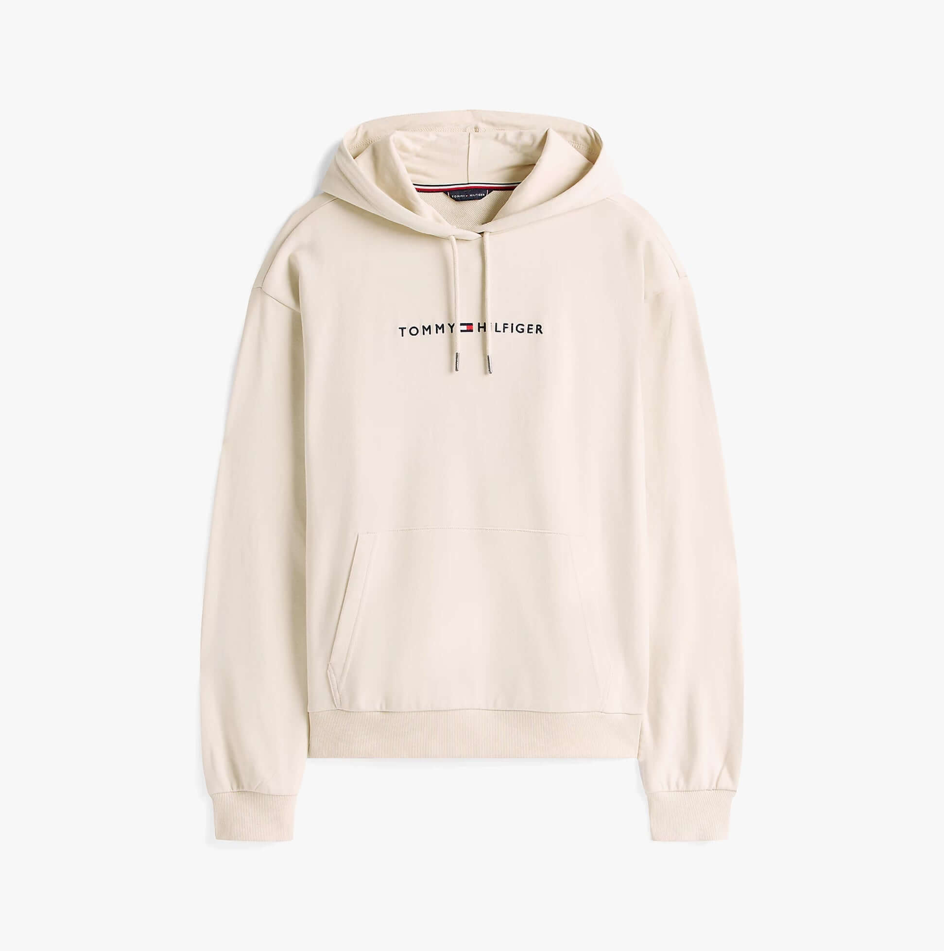 Tommy Hilfiger HOODIE Mens Drawstring Lounge Hoody Off White front view showing logo and hood details.