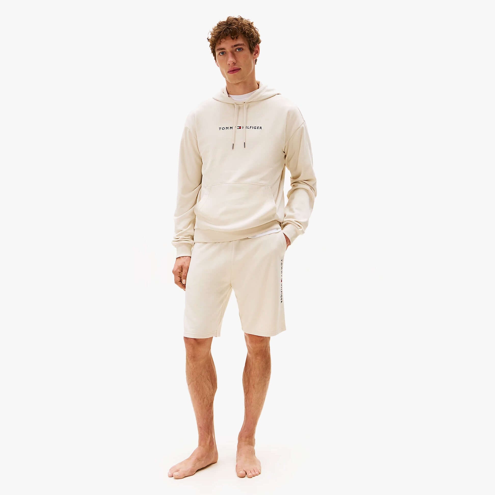 Tommy Hilfiger HOODIE Mens Drawstring Lounge Hoody Off White front view model wearing with shorts