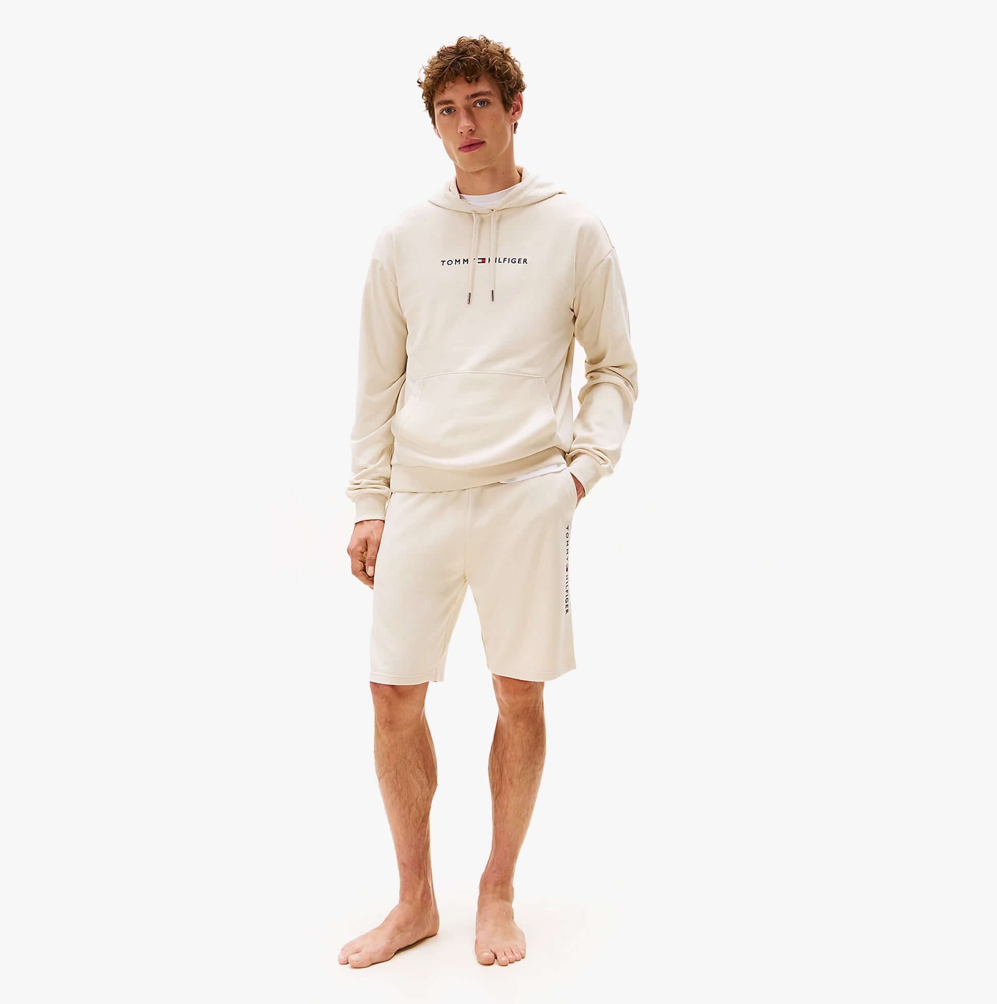 Tommy Hilfiger HOODIE Mens Drawstring Lounge Hoody Off White front view model wearing with shorts