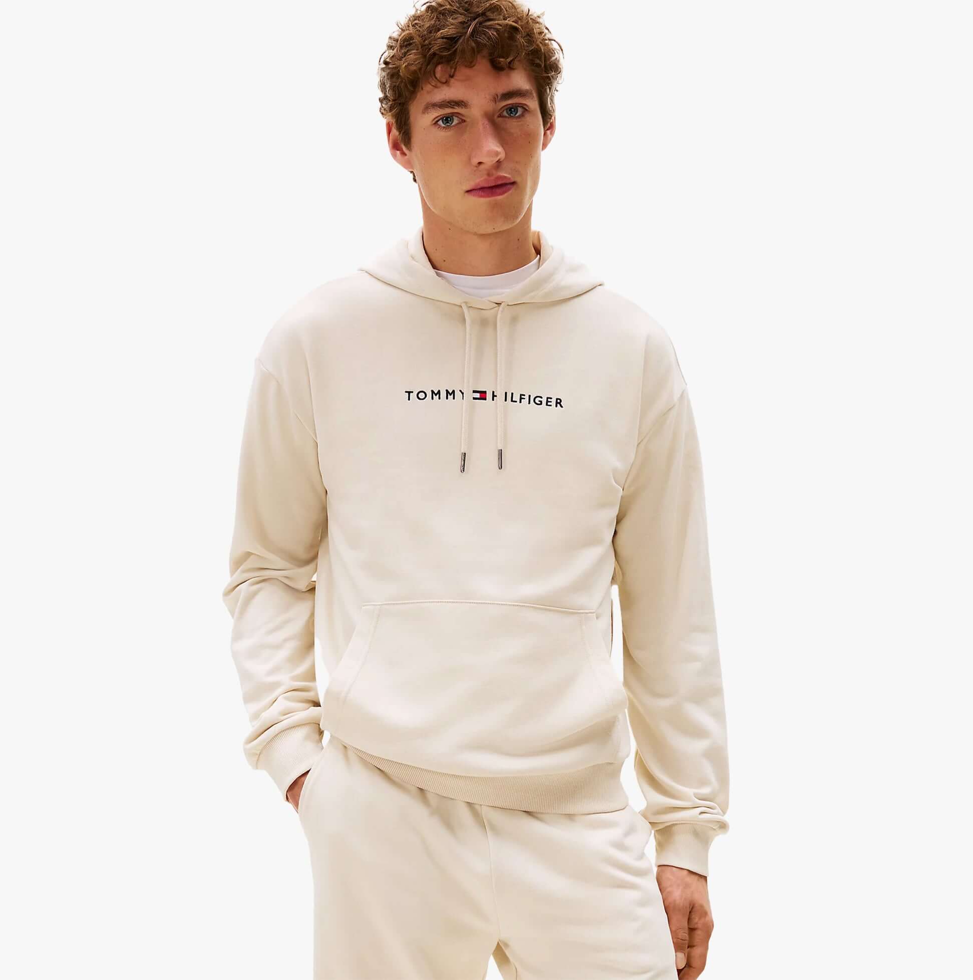 Tommy Hilfiger HOODIE Mens Drawstring Lounge Hoody Off White front view on model