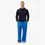 Tommy Hilfiger TH Original Logo Drawstring Lounge Hoodie Desert Sky front view worn by model, paired with plaid lounge pants.
