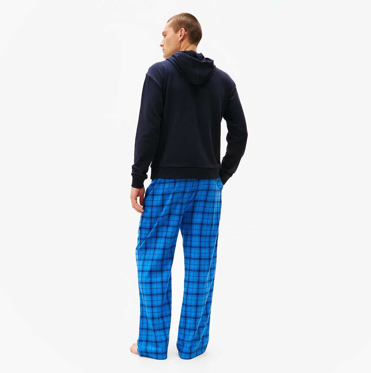 Tommy Hilfiger TH Original Logo Drawstring Lounge Hoodie Desert Sky back view with blue checkered pants.