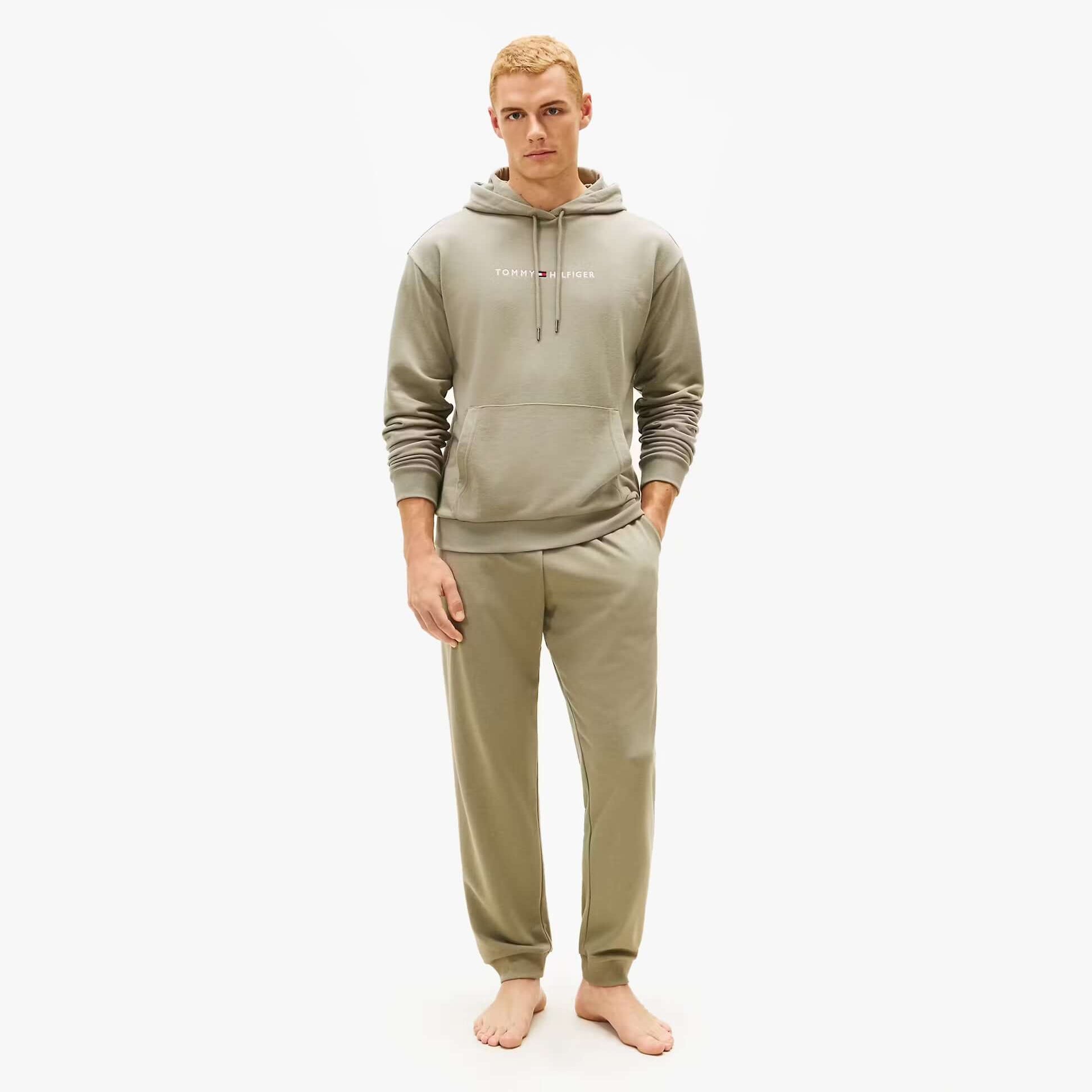 Tommy Hilfiger HOODIE Mens Drawstring Lounge Hoody Utility Sage front view model wearing the hoody and matching pants.
