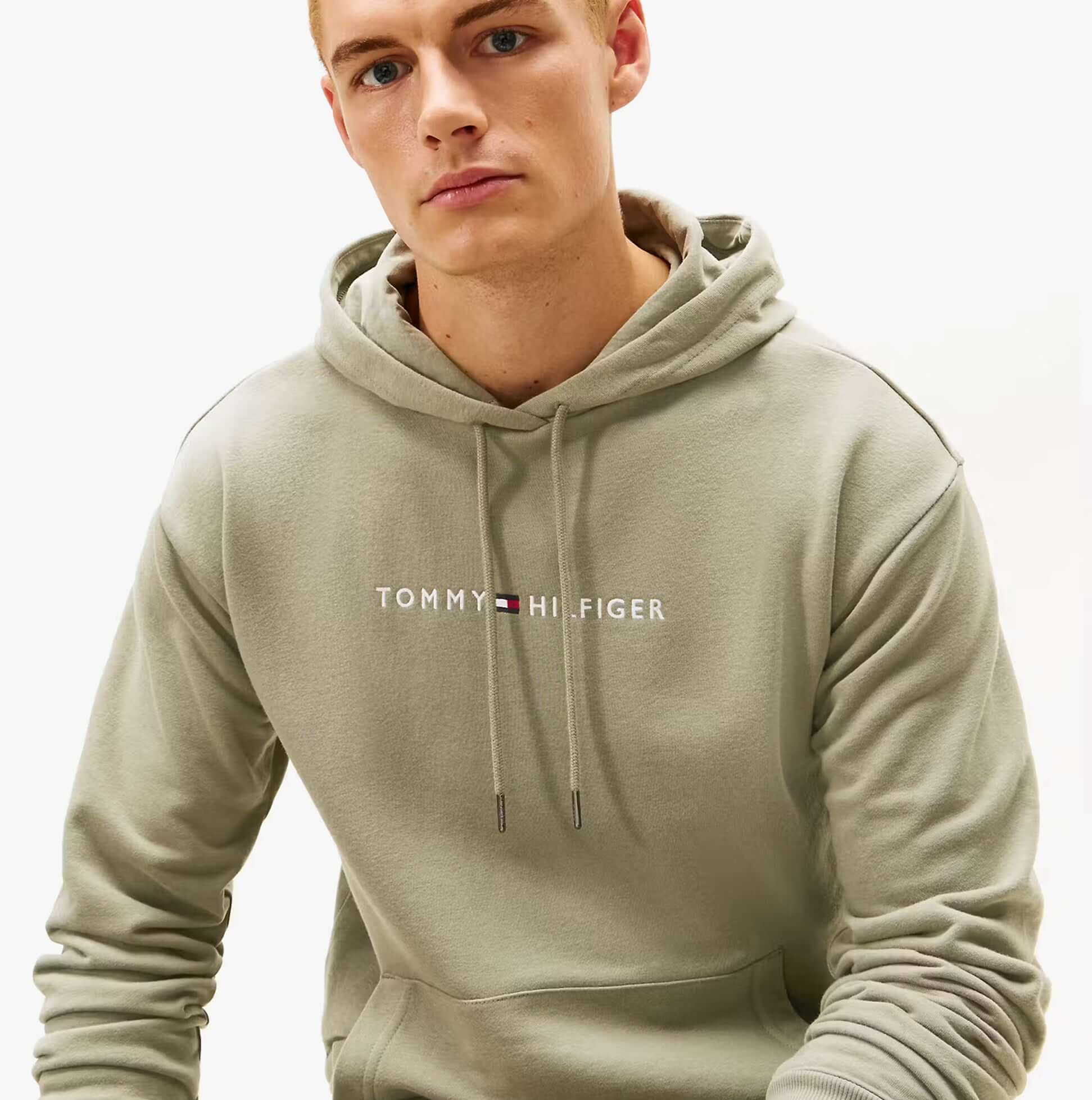 Tommy Hilfiger HOODIE Mens Drawstring Lounge Hoody Utility Sage front view model wearing hoodie