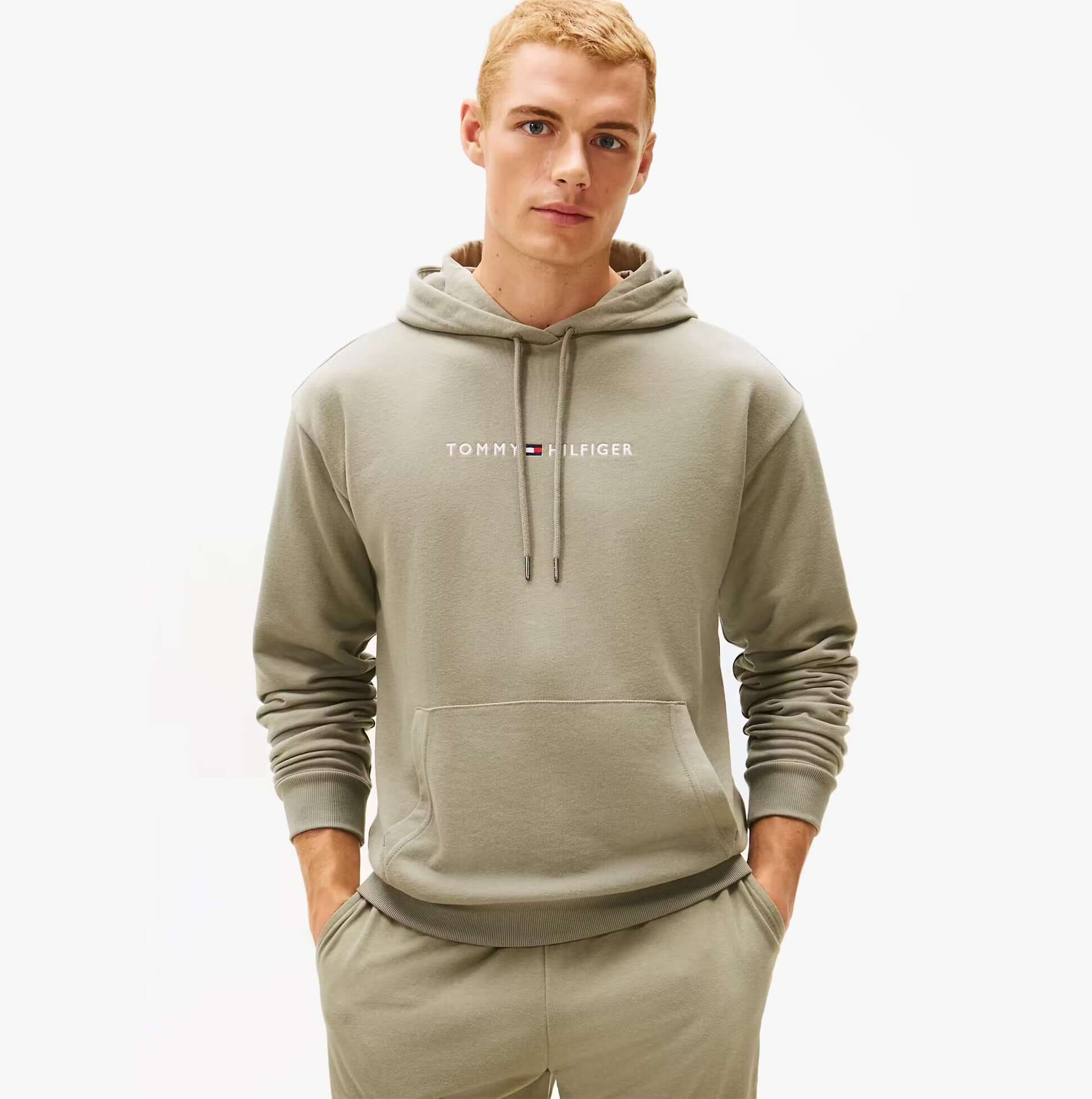 Tommy Hilfiger HOODIE Mens Drawstring Lounge Hoody Utility Sage front view, featuring relaxed fit and drawstring hood.