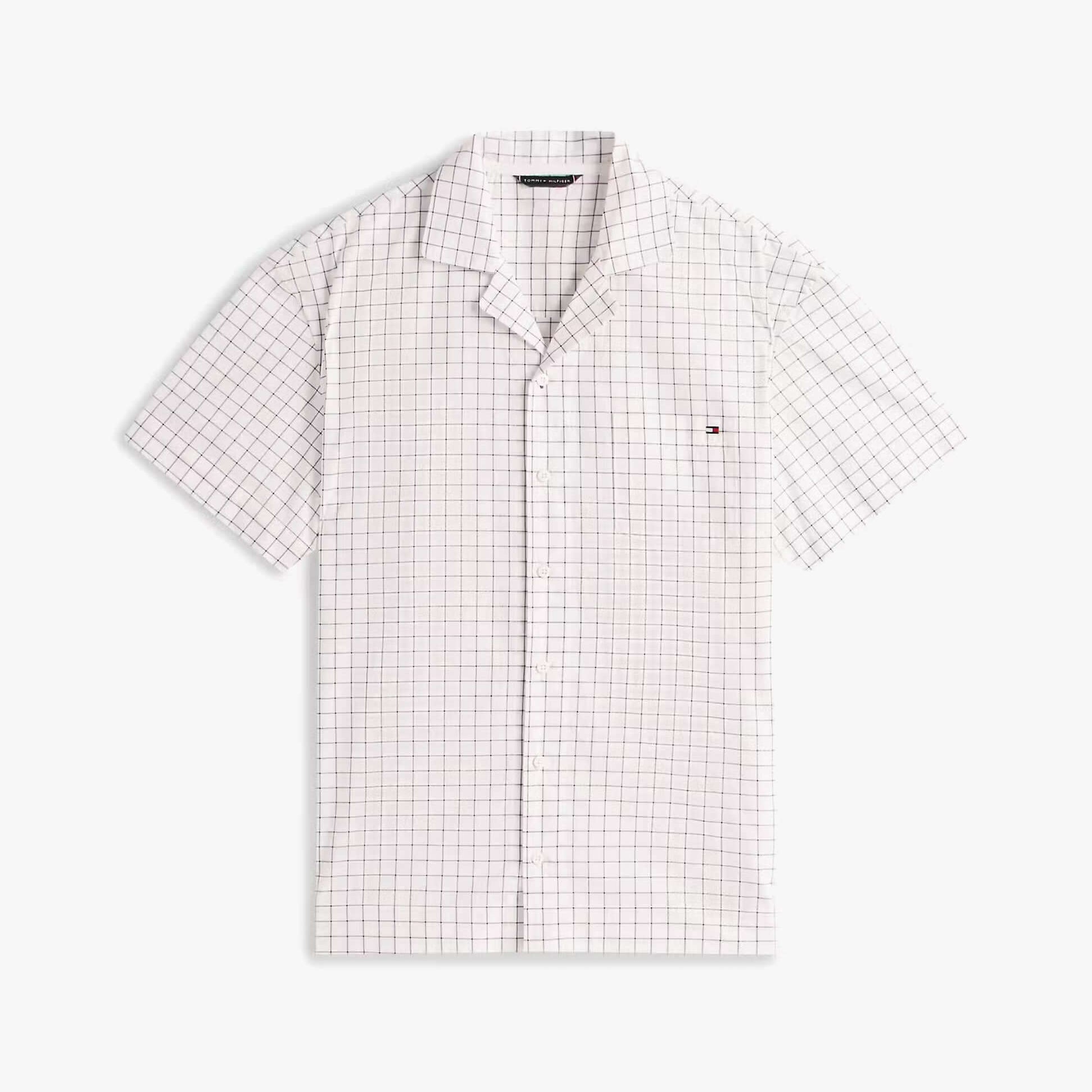 Tommy Hilfiger WOVEN PJ SET Mens Set Linear White Grid Check front view short sleeve checkered shirt.