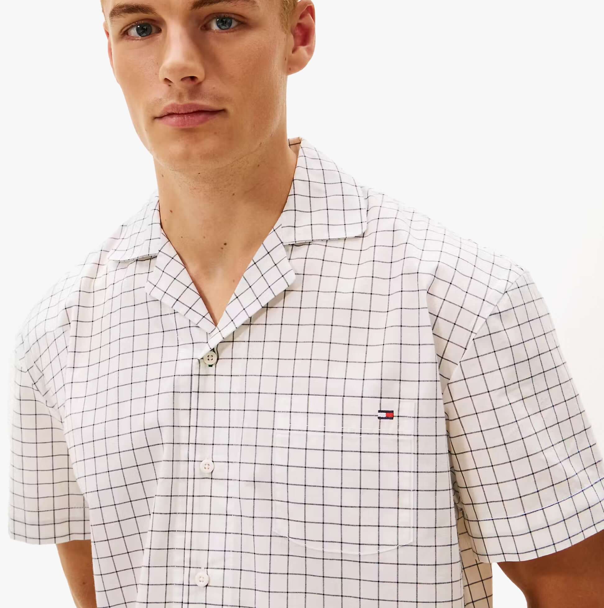 Tommy Hilfiger WOVEN PJ SET Mens Set Linear White Grid Check front view showcasing short sleeve design and grid pattern.