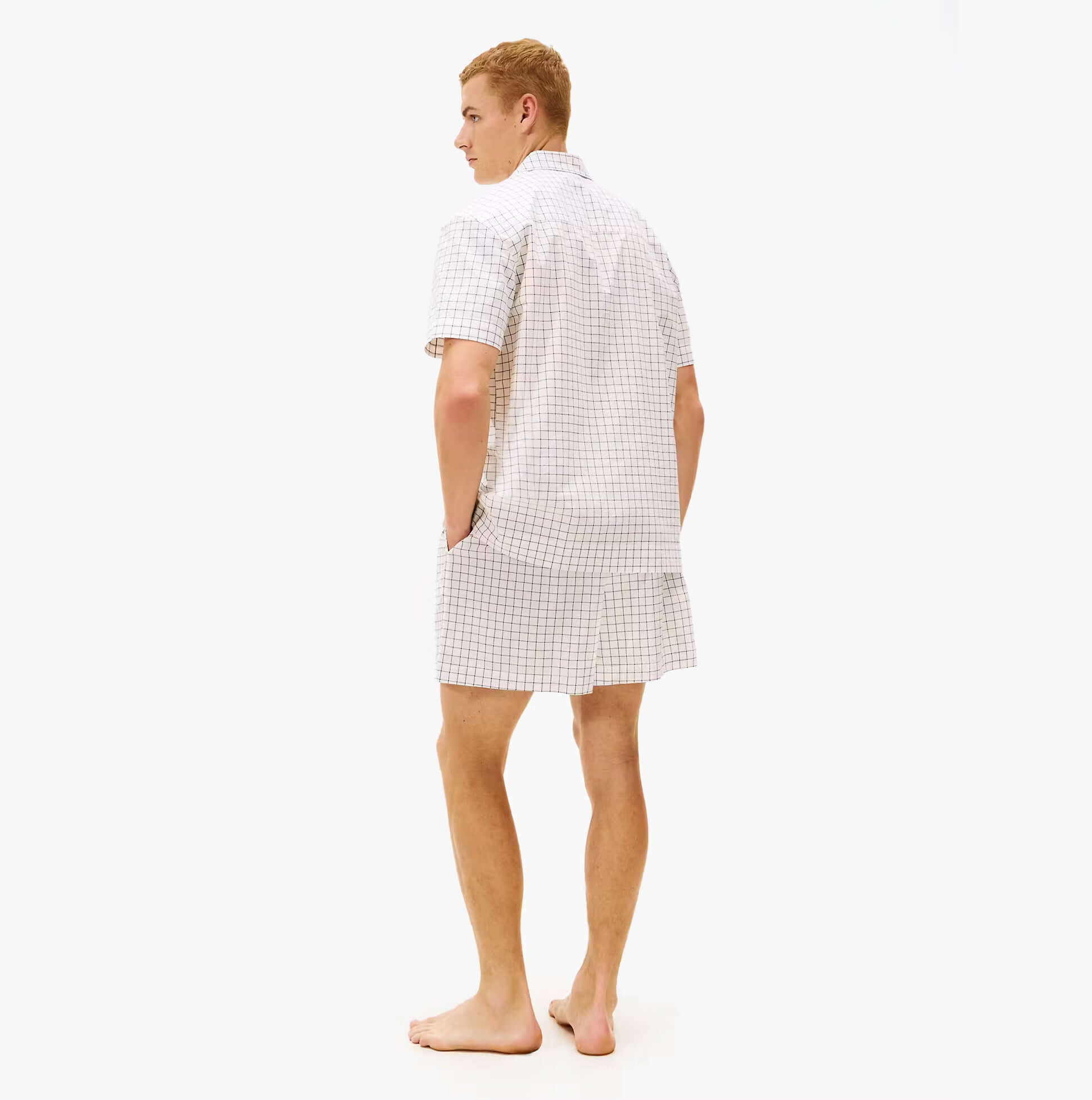 Tommy Hilfiger WOVEN PJ SET Mens Set Linear White Grid Check back view showcasing the shirt and shorts design.