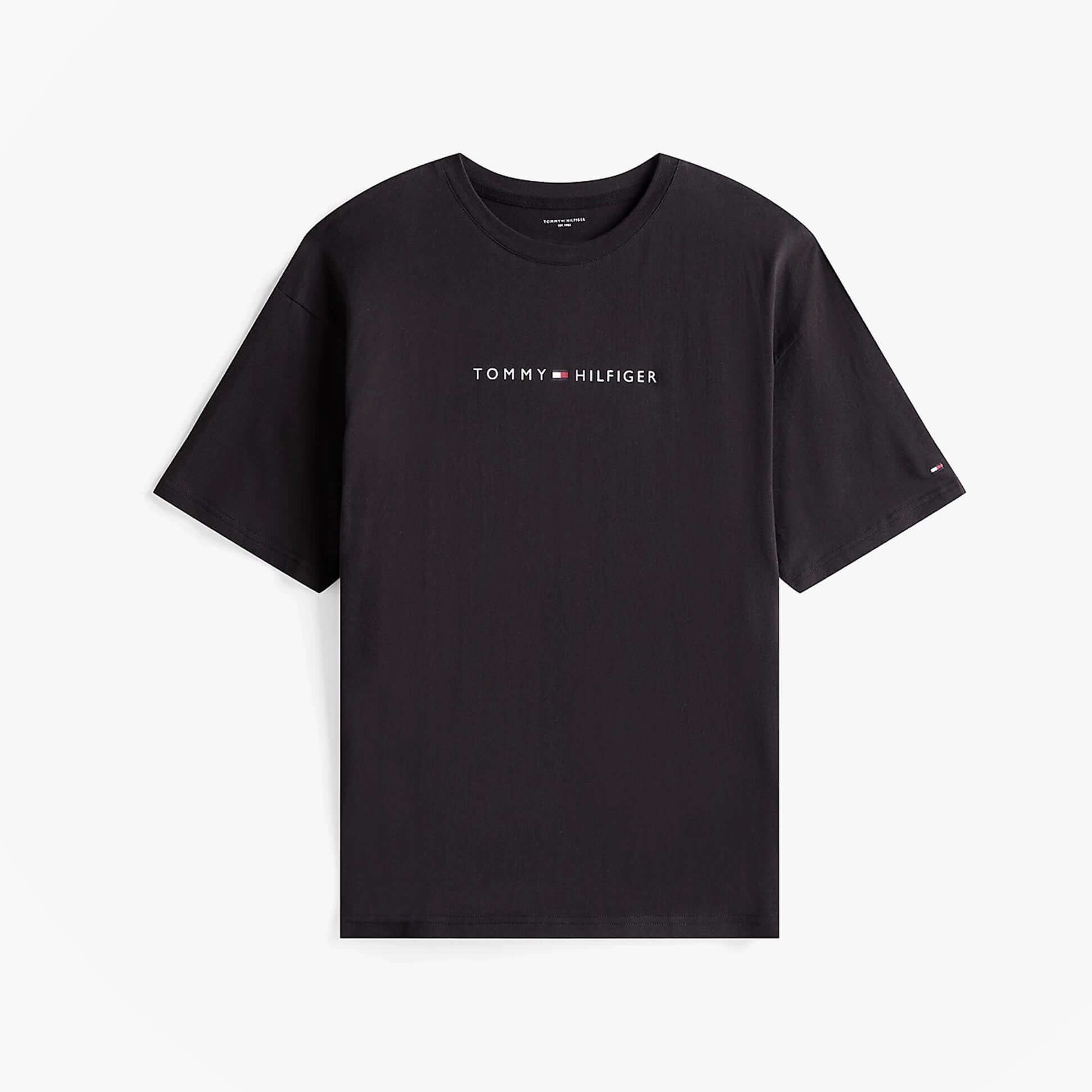 Tommy Hilfiger LOGO T-Shirt Mens Black front view showcasing brand logo and short sleeves.