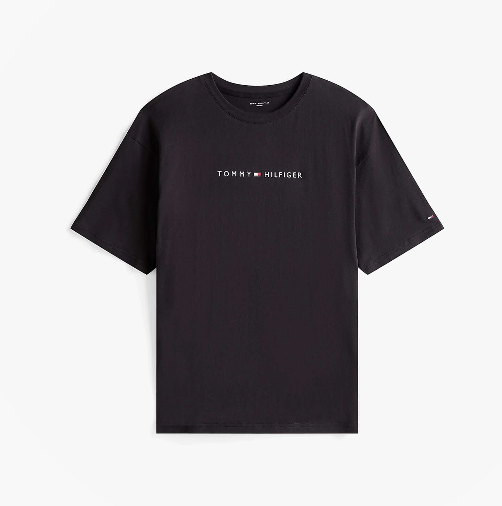 Tommy Hilfiger LOGO T-Shirt Mens Black front view showcasing brand logo and short sleeves.