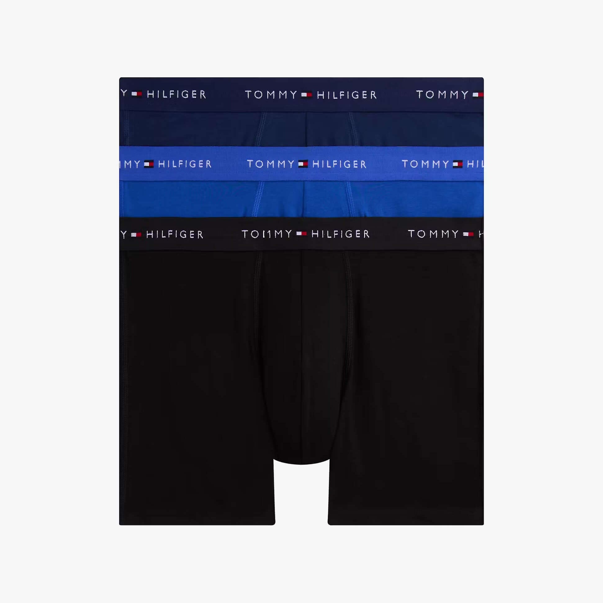Tommy Hilfiger 3 Pack Mens BOXER BRIEF Multi view showcasing three pairs: one black, one blue, and one with logo waistband.
