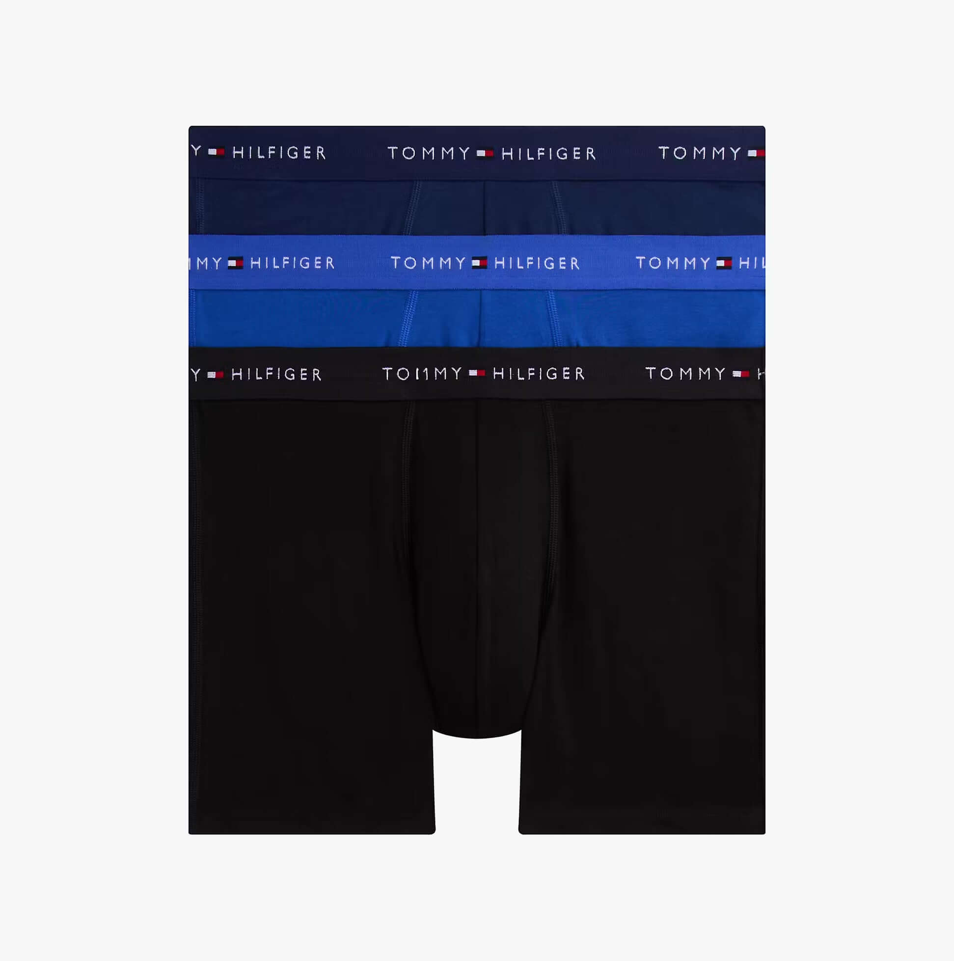 Tommy Hilfiger 3 Pack Mens BOXER BRIEF Multi view showcasing three pairs: one black, one blue, and one with logo waistband.
