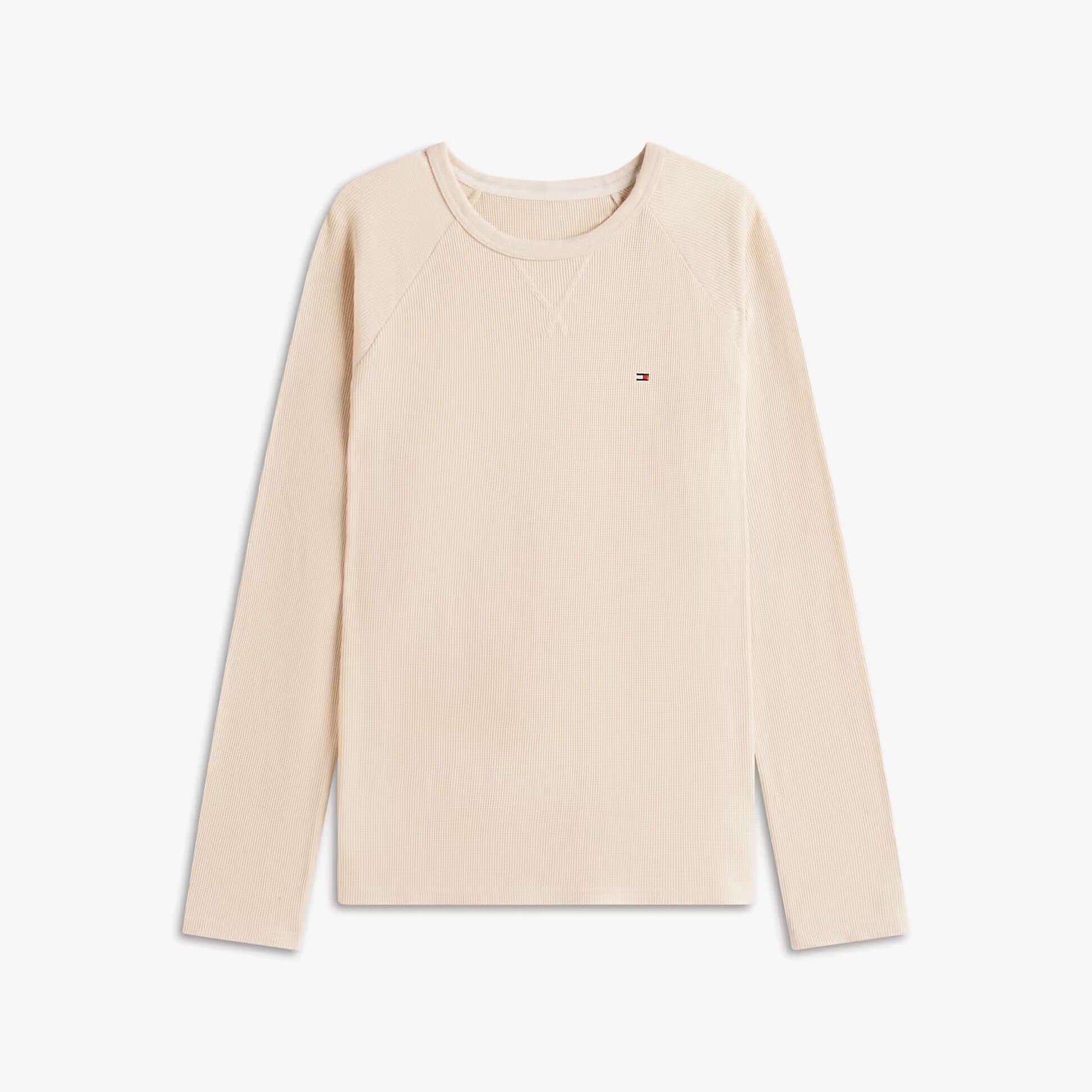 Tommy Hilfiger WAFFLE & PJ Mens Set Multicoloured front view of long sleeve cotton top in beige.