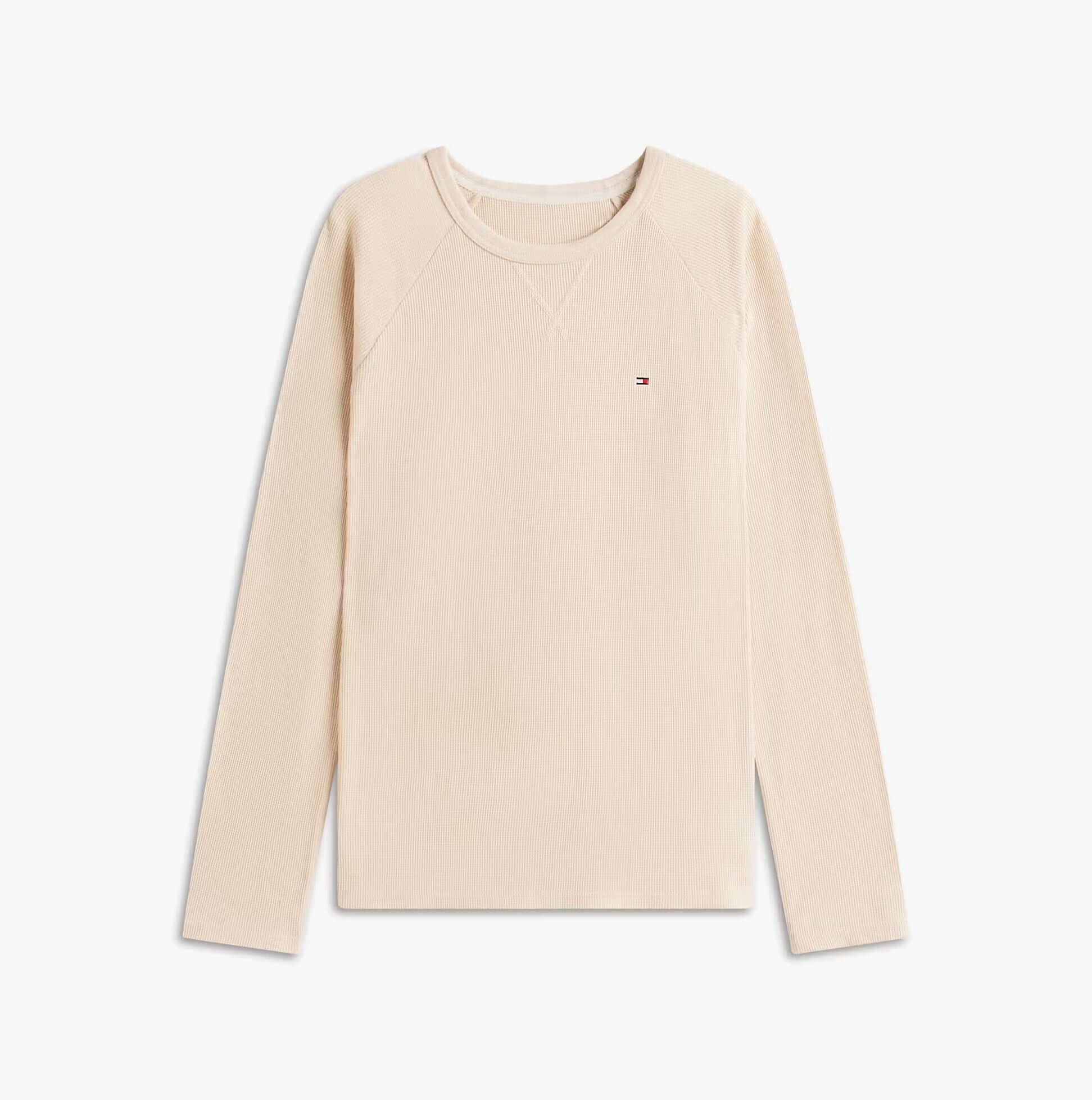 Tommy Hilfiger WAFFLE & PJ Mens Set Multicoloured front view of long sleeve cotton top in beige.