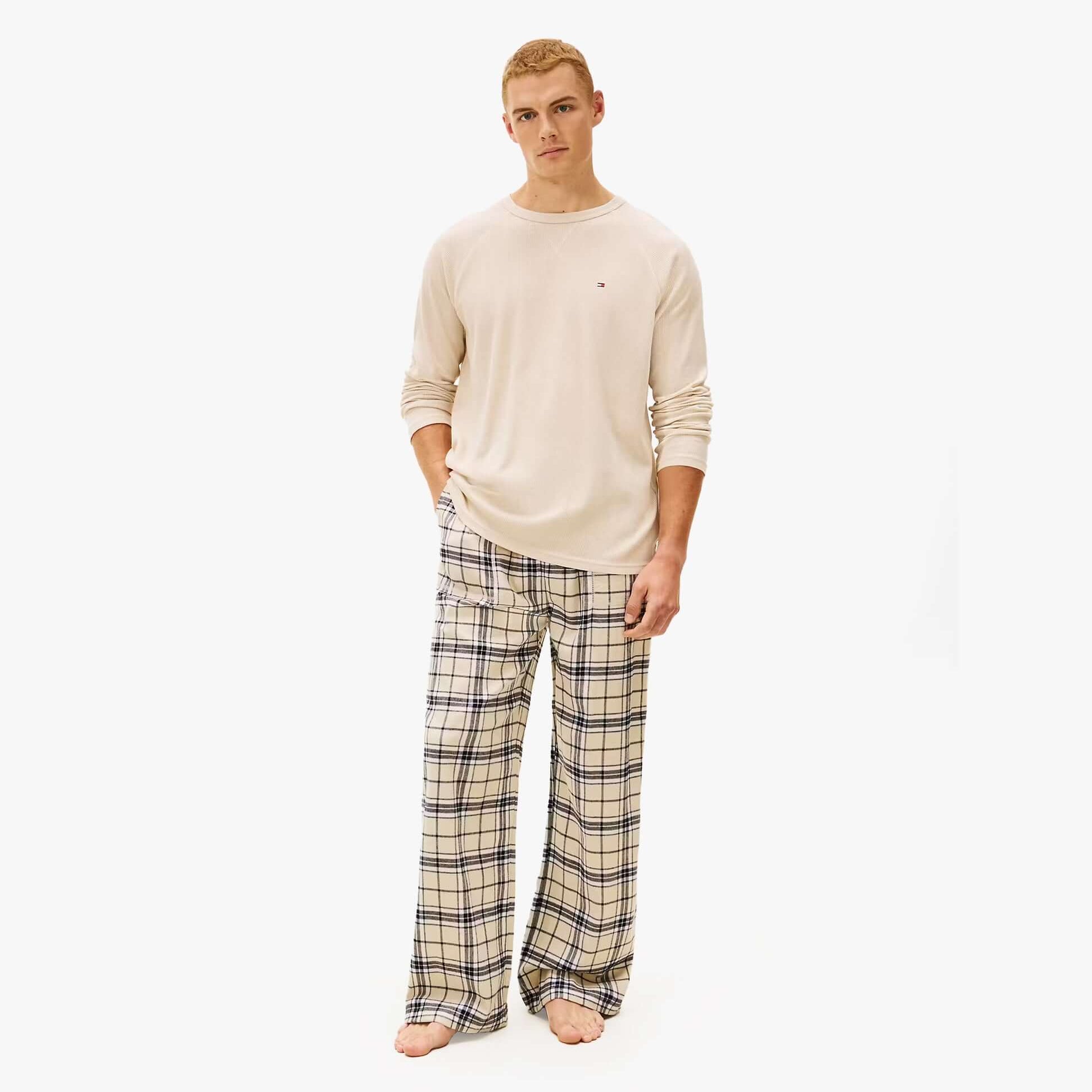 Tommy Hilfiger WAFFLE & PJ Mens Set Multicoloured, front view of relaxed fit cotton long sleeve top and plaid pants.