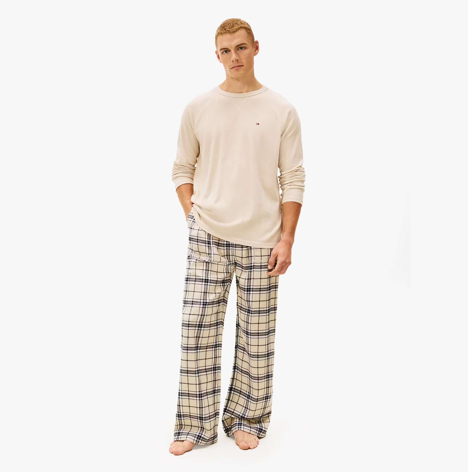Tommy Hilfiger WAFFLE & PJ Mens Set Multicoloured, front view of relaxed fit cotton long sleeve top and plaid pants.