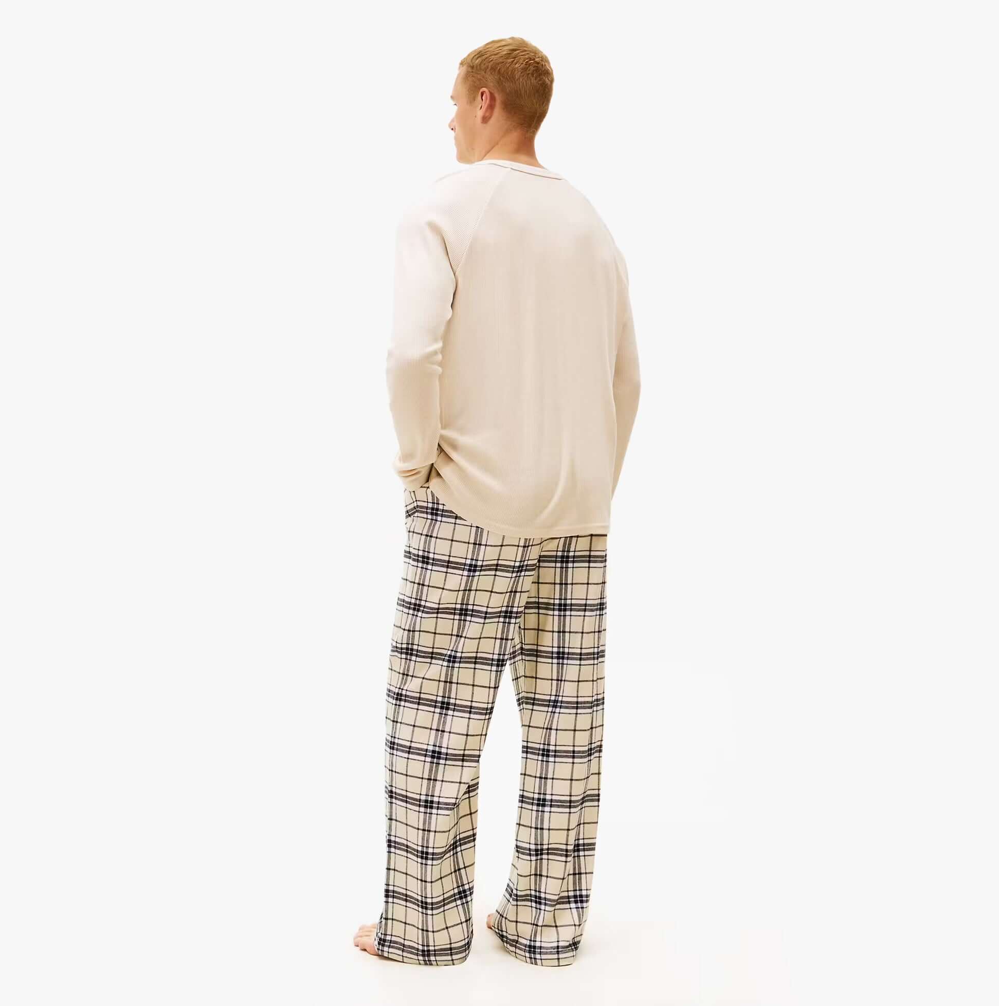 Tommy Hilfiger WAFFLE & PJ Mens Set Multicoloured back view, featuring long sleeves and plaid pajama pants.
