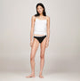 Tommy Hilfiger BIKINI 3 Pack Womens Briefs Black on model, front view, styled with white tank top and showcasing elastic waistband.
