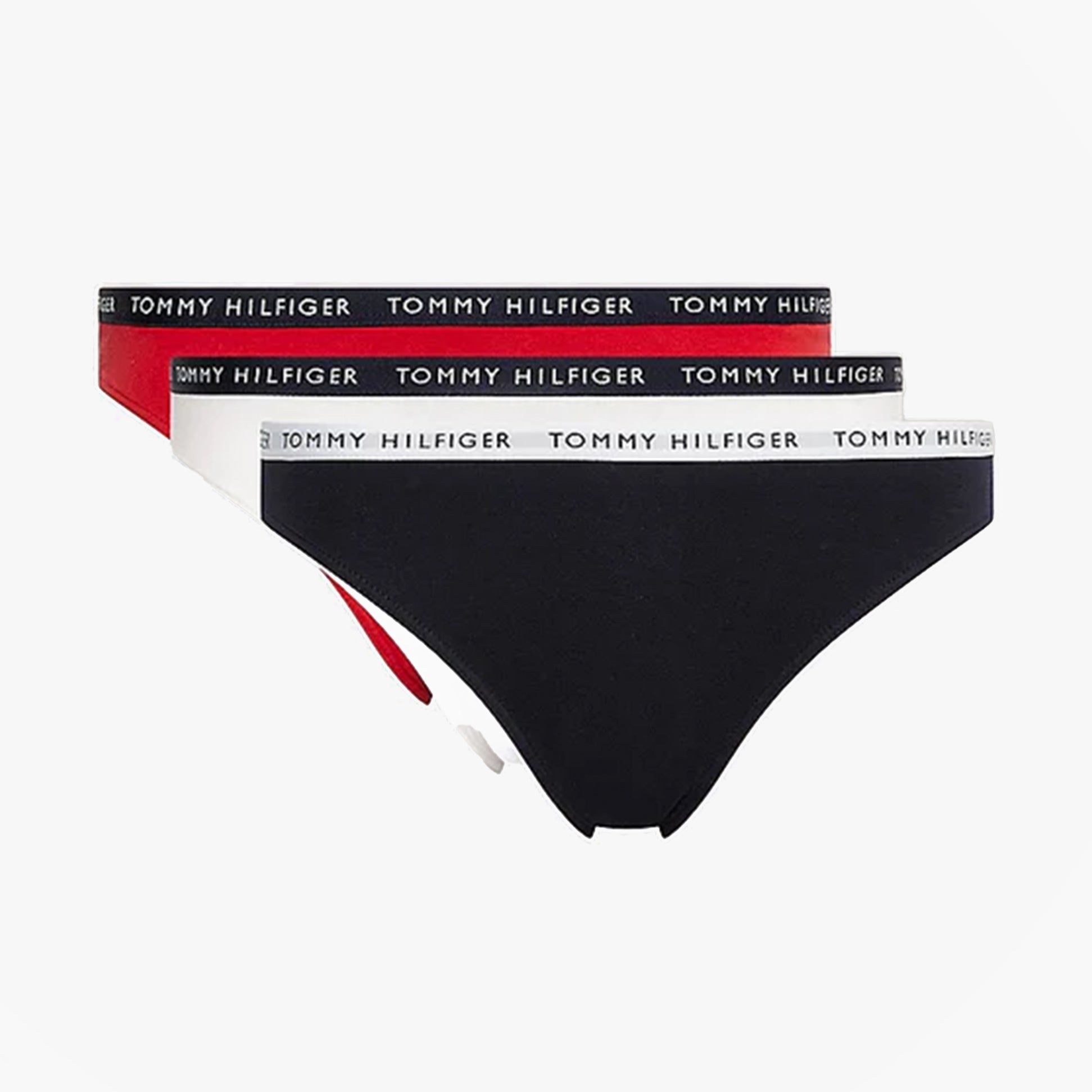 Tommy Hilfiger BIKINI 3 Pack Womens Briefs Desert Sky/White/Primary Red side view showing all three colors and logo waistband.