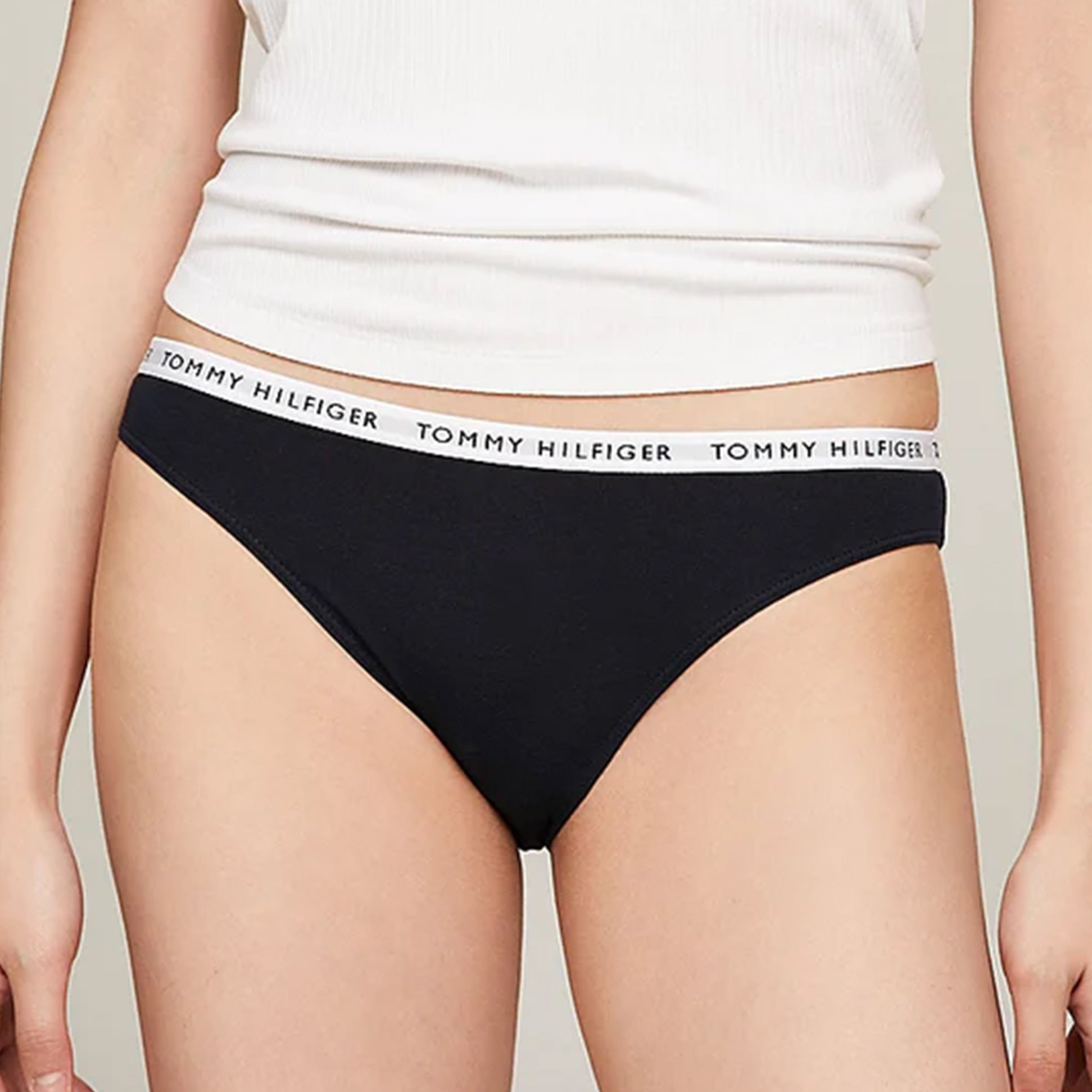 Tommy Hilfiger BIKINI 3 Pack Womens Briefs Desert Sky/White/Primary Red front view showing elasticated waistband and brief design.