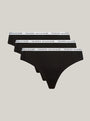 Tommy Hilfiger THONG 3 Pack Womens Black, front view showing three black thongs with elasticated waistband.