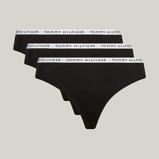 Tommy Hilfiger THONG 3 Pack Womens Black, front view showing three black thongs with elasticated waistband.