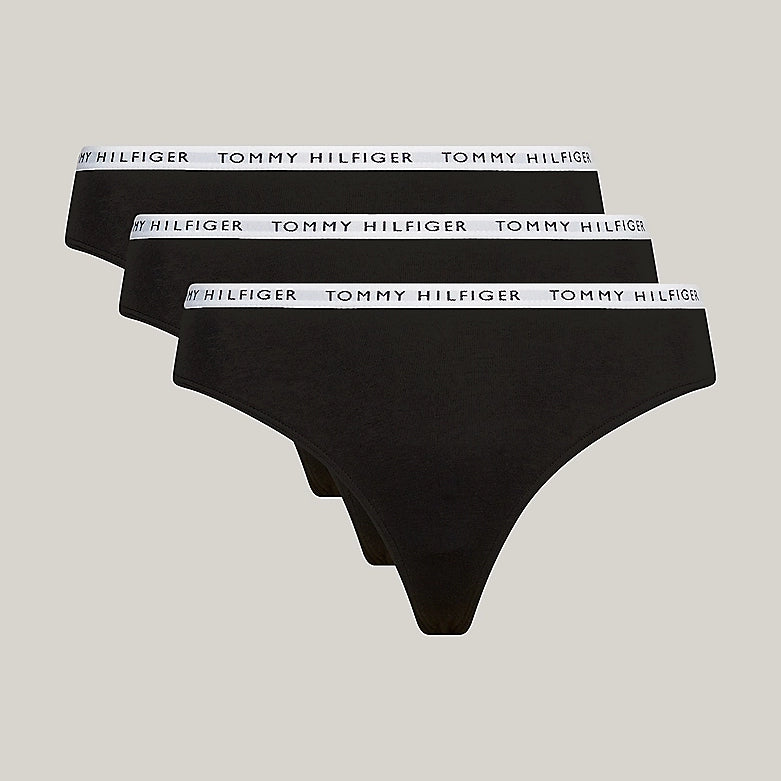 Tommy Hilfiger THONG 3 Pack Womens Black, front view showing three black thongs with elasticated waistband.