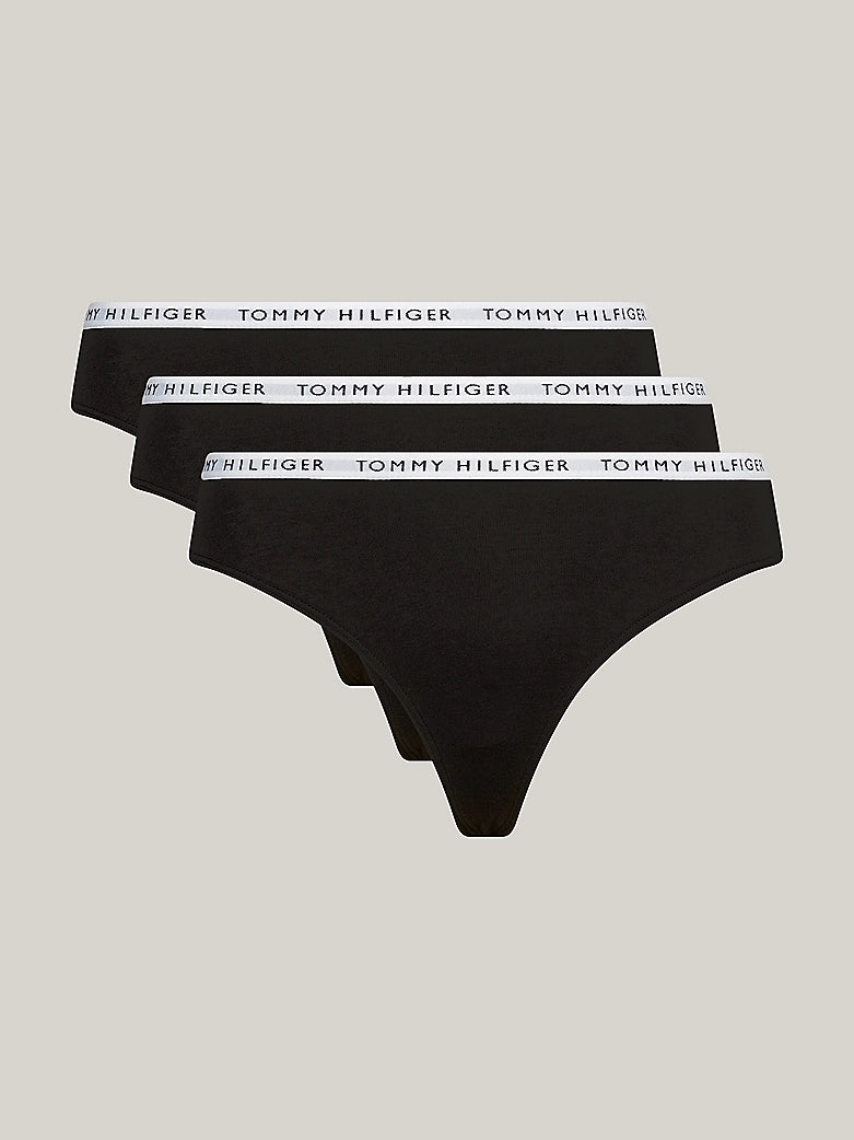 Tommy Hilfiger THONG 3 Pack Womens Black, front view showing three black thongs with elasticated waistband.